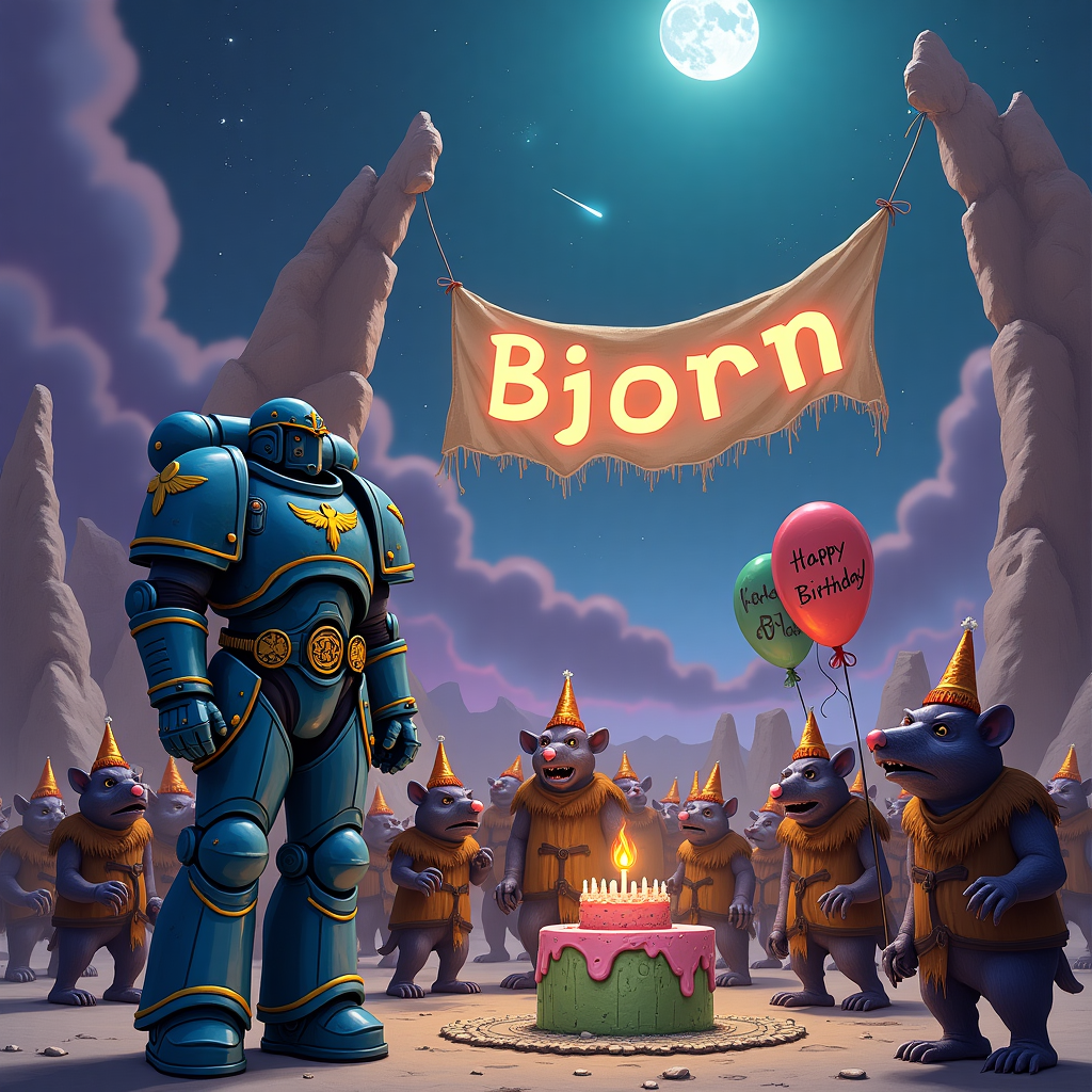 In the cosmic expanse of an alien world, under a swirling violet and teal sky dotted with distant stars, stands a lone Space Marine, clad in glistening cerulean armor that reflects the alien sun's light. His helmet, adorned with a golden eagle emblem, sits slightly askew as if in disbelief, adding a touch of humor to his imposing stature. Surrounding him are a throng of Skaven, mischievous ratmen with twitching noses and ragged brown cloaks, some wielding tiny birthday party hats instead of their usual weapons. The Skaven are in various states of excitement, holding balloons and streamers that read "Happy Birthday Björn!" in haphazard, scrawled lettering. One particularly enthusiastic Skaven stands atop a makeshift cake made of rocks and greenish goo, with a single flickering candle precariously placed at the top. Behind the Marine, a banner hung between two jagged alien rock formations spells out "Björn" in bright, luminescent letters, glowing softly like a nebula. In the background, a distant moon casts a gentle silvery light over the gathering, while comets streak playfully across the horizon, as if joining the celebration in their celestial dance. This unexpected birthday party scene is both comically absurd and charmingly festive, capturing the essence of a truly unique interstellar celebration for Björn.
Generated with these themes: A space Marine sorrounded by skaven.
Made with ❤️ by AI.