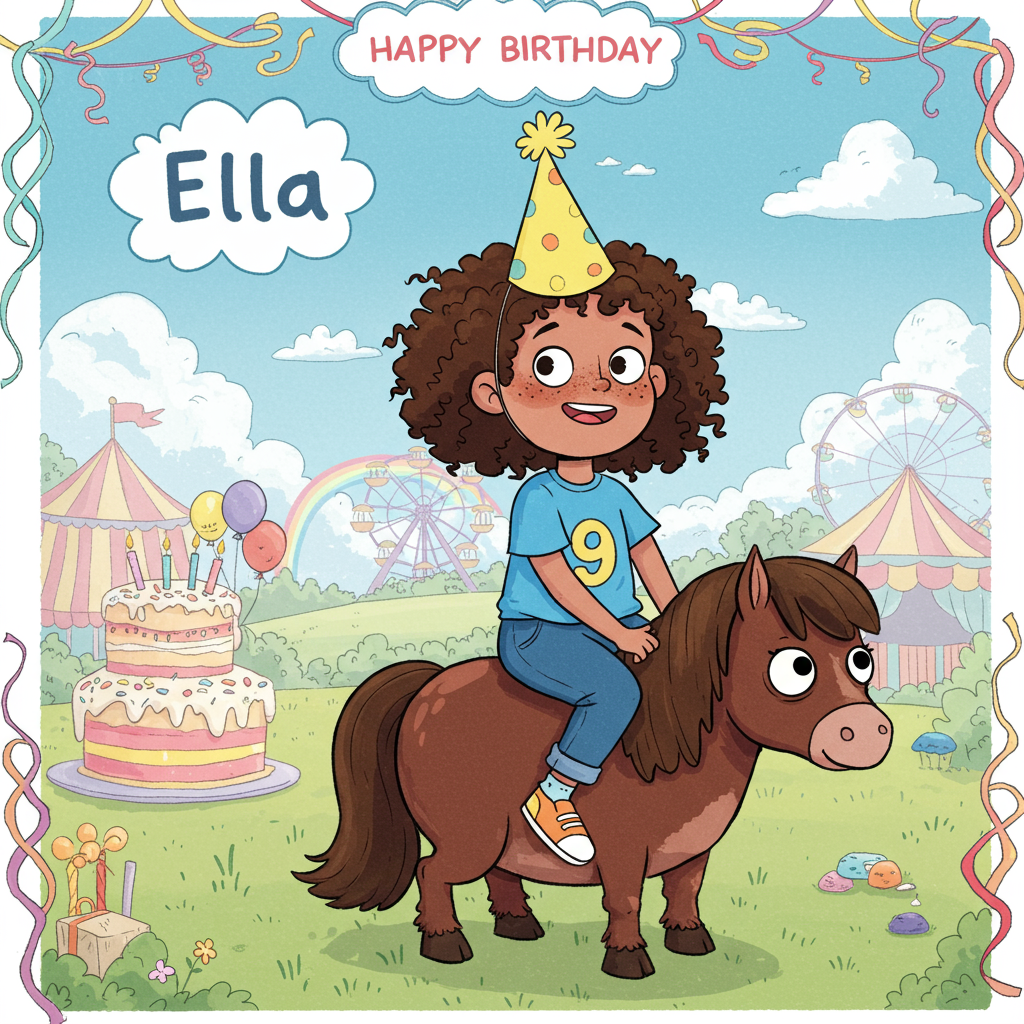 The front cover of this birthday card bursts with vibrant colors and cartoonish whimsy. At the center of the scene is a playful, curly-haired child named Ella, exuberantly riding a small, comically oversized pony. The pony's body is short and round, with a shiny, mahogany brown coat and wildly expressive, oversized eyes reminiscent of Charles Schulz's playful simplicity. Its legs are exaggeratedly stubby, barely lifting off the ground as if in a lively trot.

Ella is sporting an oversized, bright yellow party hat, slightly askew atop her lush, springy curls. Her shirt is a vivid cobalt blue with a large, bold "9" printed on it in red, embracing the vibrancy of Bill Watterson's work. Her jeans are a rich denim blue, rolled up to reveal colorful, mismatched socks—one orange with polka dots, the other striped in purple and green.

The background is a whimsical, pastel carnival scene, channeling the imaginative landscapes of Winsor McCay. Ferris wheels spin in the distance with cars painted in cheerful hues of pink and mint green, while colorful balloons, akin to a Gary Larson creation, float lazily upwards. To the left, a large, three-tiered cake stands tall, decorated with a chaotic array of rainbow sprinkles and lopsided candles—a nod to the delightfully quirky styles of R. Crumb.

Above the entire scene, a bright, cerulean blue sky stretches out, dotted with fluffy, exaggerated clouds. In the center of the sky, the clouds part to reveal a vibrant rainbow. Nestled within one of the clouds, in bold, playful lettering, is the name "Ella," written as if the sky itself was in celebration, a nod to the theatrical lettering styles of Hergé.

The whole scene is framed with a border of wavy, multi-colored streamers cascading down the edges, reminiscent of a lively party atmosphere captured in the animated fluidity of Walt Disney's classics.
Generated with these themes: curly haired child riding pony  aged 9.
Made with ❤️ by AI.