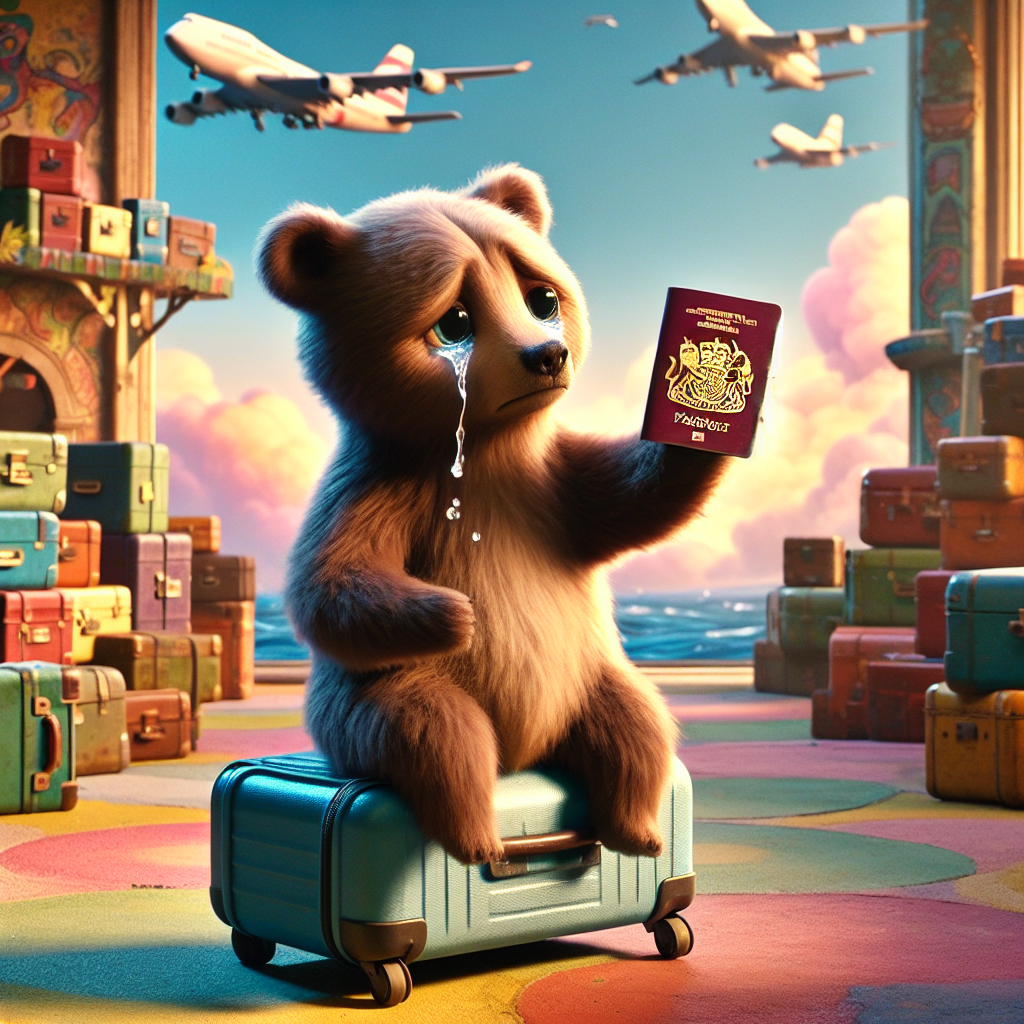 Imagine a touching scene involving a melancholic, yet cute, cartoon bear sitting on a portable luggage carrier, waving farewell with one paw. This bear has a look of sorrow in its eyes, from which tears are about to drop, creating an emotional sense of parting. The background of this scene is a whimsical, fantastical airport, full of vibrant, colourful airplanes taking off and landing in the sky. The bear maintains a grip on a passport from an anonymized country in its other paw, which is opened to a page showcasing a Schengen visa marked 'entry denied'. This element contributes to the narrative arc of this poignant departure.
Generated with these themes: thai passport with schengen visa page saying 'entry denied'.
Made with ❤️ by AI.