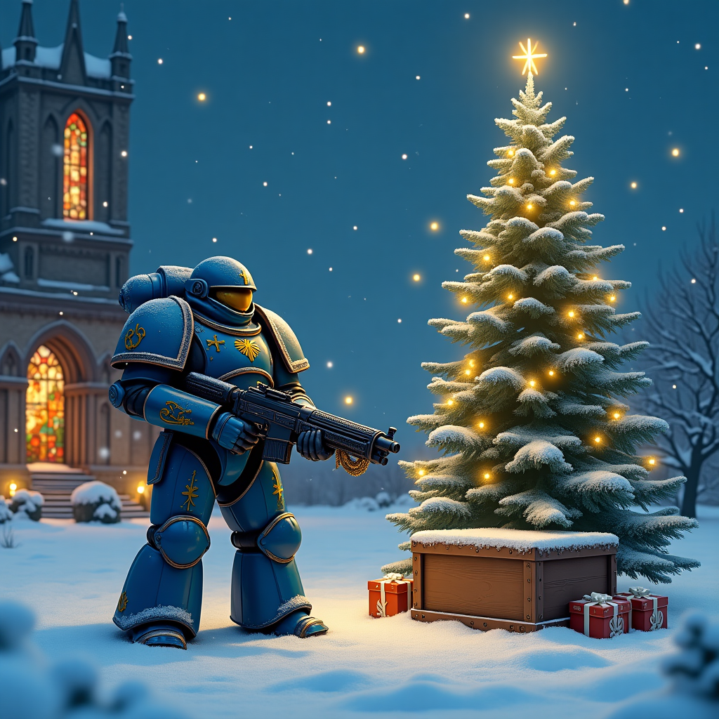 In a snow-draped clearing under a night sky speckled with shimmering stars, an awe-inspiring scene unfolds. A lone Space Marine stands vigil beside a towering, frost-laden evergreen tree, its branches adorned with tiny, glowing lights that mimic a celestial galaxy. The marine, clad in his iconic cerulean power armor, exudes a stoic presence, the armor's polished surface reflecting the ethereal glow of the Christmas lights. His helmet, marked with golden aquilas, is tilted slightly upwards as if pondering the mysteries of the universe. Clutched in his mighty gauntlet is a venerable bolt gun, a weapon of immense craftsmanship, its barrel gleaming with frost, and a string of small, delicate tinsel wrapped around its stock, symbolizing a blend of martial duty and festive spirit. At the marine's feet lies a carefully arranged line of bolter shells, each shell meticulously painted with festive symbols: snowflakes, holly leaves, and tiny wreaths. The backdrop showcases a distant, ancient cathedral, its gothic architecture partly obscured by falling snow, with stained glass windows depicting scenes of peace and camaraderie in rich, vibrant hues. Nearby, a carved wooden crate, reminiscent of a present, sits slightly open, revealing a model Thunderhawk gunship made from gingerbread, intricately decorated with icing and sugar pearls. This surreal melding of Warhammer's grimdark universe with a touch of yuletide magic creates a unique tapestry that captures both the solemnity of duty and the warmth of the holiday spirit.
Generated with these themes: Warhammer, Space Marine, Bolter, and Bolt Gun.
Made with ❤️ by AI.