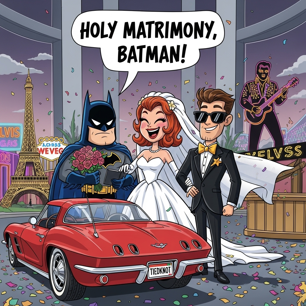 **Prompt for Image Creation:**

Create a vibrant cartoon scene set in a whimsical Las Vegas wedding chapel. At the center, a quirky, cartoon-style Batman officiates the wedding, holding a bouquet of roses instead of his usual gadgets. To his right, a gleeful red-headed bride in a playful, exaggerated wedding gown with a veil flowing like a superhero cape. Next to her, the dashing groom with brown hair, sporting a tuxedo with a flashy, oversized bow tie, and playful sunglasses, as if he's the coolest sidekick in town.

In the foreground, a classic red Corvette parked, its license plate reading "TIEDKNOT". The car is surrounded by an array of colorful confetti and quirky Vegas landmarks, like a mini-Eiffel Tower and a neon sign of Elvis playing the guitar.

Above the scene, in a fun, bold cartoon font: "Holy Matrimony, Batman!"
Generated with these themes: Vegas, batman, corvette, red head girl, brown hair boy, and .
Made with ❤️ by AI.