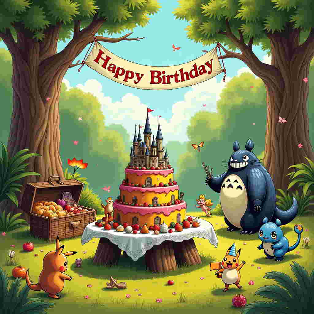 Imagine a vibrant, bustling birthday scene set in an enchanted forest clearing, where magical and mechanical worlds collide. In the foreground, a hand-drawn, expressive illustration shows a lively picnic table topped with a three-tiered cake. Each tier is uniquely themed: the bottom layer depicts a detailed Hogwarts castle from Harry Potter, complete with tiny flags fluttering from towers. The middle layer showcases a colorful array of Pokémon, including Pikachu and Charmander, frolicking around the cake. The top layer is crowned by an intricate model of the Totoro from Studio Ghibli, with a small party hat perched on its head.

To the right, a group of Transformers, drawn with intricate metallic details and vivid colors, engage in a friendly dance-off. Their mechanical limbs catch the dappled sunlight that filters through the tree canopy above, casting dynamic shadows on the grassy floor.

The background is a rich tapestry of thickly detailed, gnarled trees reminiscent of Arthur Rackham's style, with their twisting branches and dappled leaves providing a natural frame for the scene. Dotted amongst the foliage, tiny fairies can be spotted peeking out, their wings shimmering with hints of gold and silver.

On the left, an open picnic basket spills out a feast of fruits and pastries, illustrated with the same detail as seen in Beatrix Potter’s work, surrounded by whimsical woodland creatures partaking in the celebration.

In the sky above, a whimsical banner floats effortlessly, inscribed with the name "Harris" in a mix of bold, metallic letters that seem to capture the transformative spirit of the occasion.

Every character and element is rendered with an engaging blend of realism and whimsy, borrowing the attention to detail and narrative style of Norman Rockwell, making the entire scene feel both fantastical and inviting, while filled with endless details to explore.
Generated with these themes: Transformers Pokemon Harry Potter Ghibli.
Made with ❤️ by AI.