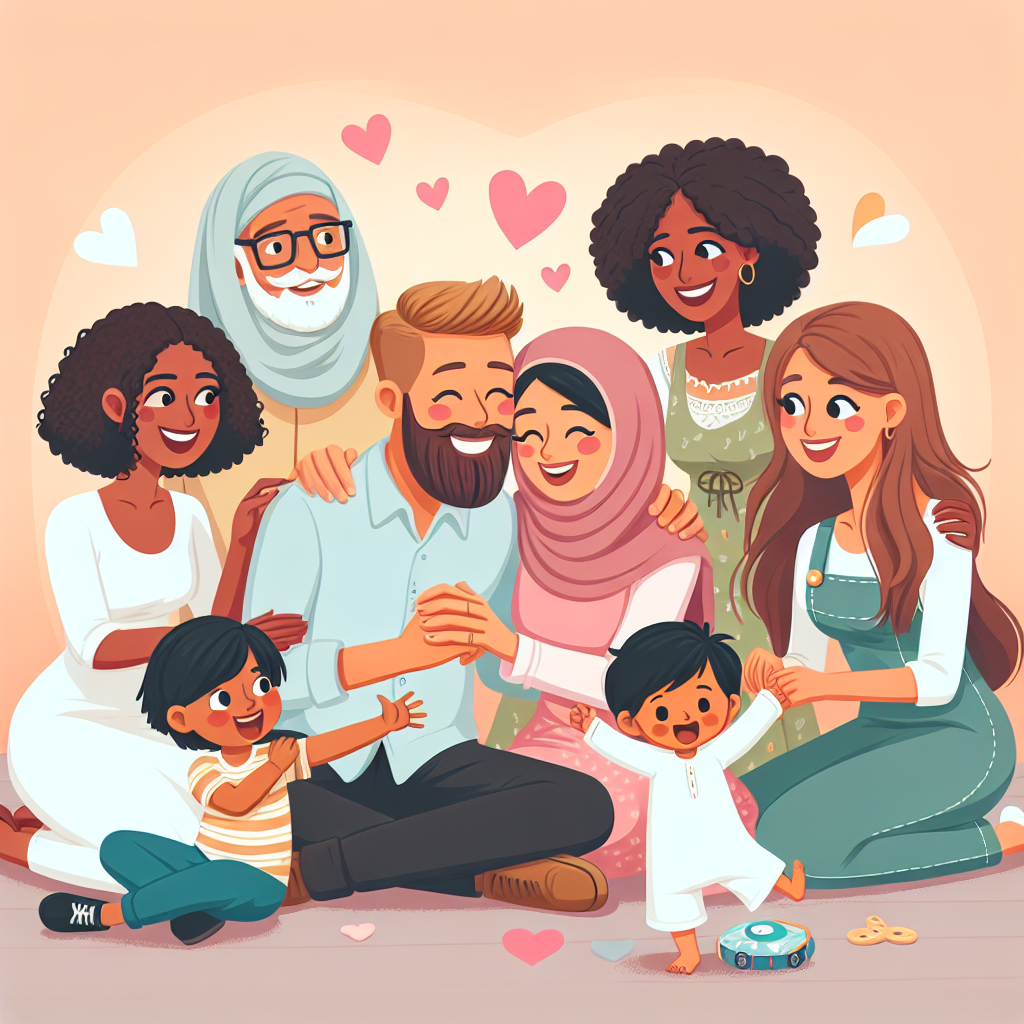 Create a lively cartoon illustration that represents a joyous family anniversary. The central figures in this scene are a Caucasian bearded husband in a loving embrace with his Hispanic wife. Surrounding them are their three adult daughters of various descents: one Black, one Middle-Eastern, and one South Asian, as well as their Caucasian adult son. They are all engaged in a tender moment reflecting familial bonds. In the forefront of the image, there is an Asian playful grandson, who seems to be the center of attention, adding a touch of cheerfulness to the scene. Decorate the scene with heart motifs and use soft pastel colors to symbolize celebration and affection, portraying the essence of family love and longevity.
Generated with these themes: A husband with a beard and wife with 3 adult daughters 1 adult son and a grandson.
Made with ❤️ by AI.