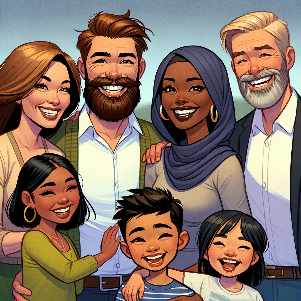 Create a cartoon image capturing a joyous family anniversary. A bearded Caucasian husband stands alongside his Black wife, both exhibiting radiant happiness. Their adult children, two South Asian daughters, a Hispanic daughter, and a Middle-Eastern son, are illustrated with maturity and familial bonding. A young grandson with a mischievous smile, of mixed Caucasian and Black heritage, adds an element of light-heartedness at their feet. The palette is vibrant, and the backdrop hints at a holiday home setting, signifying years of treasured memories.
Generated with these themes: A husband with a beard and wife with 3 adult daughters 1 adult son and a grandson.
Made with ❤️ by AI.