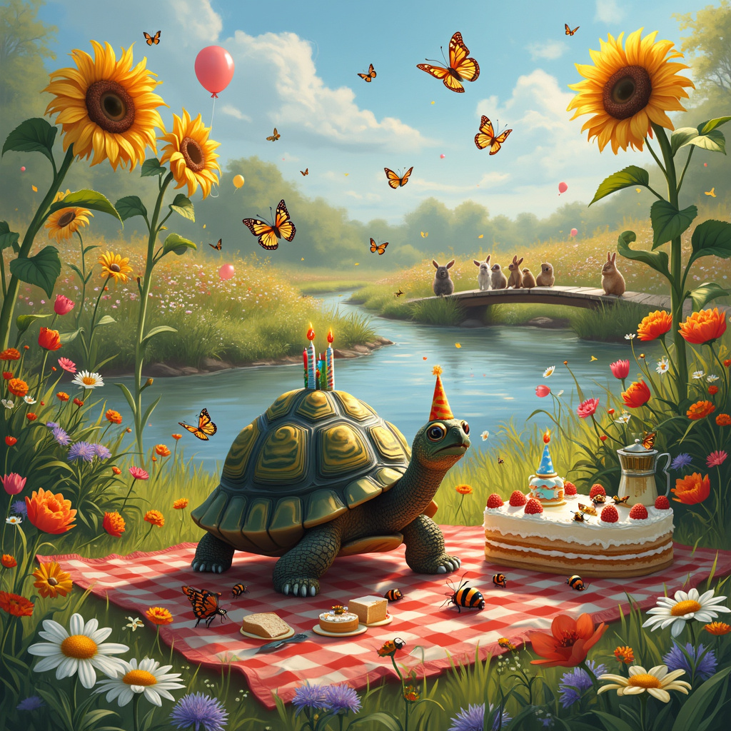 In the center of a vibrant meadow, a jubilant tortoise named Toby is celebrating his 100th birthday. This delightful scene is bursting with lively details. Toby, with his patterned shell decorated like a birthday cake, complete with candles on top, is the heart of the image. Around him, there's a semicircle of cheerful butterflies, each one holding tiny party hats on their antennae. These butterflies are painted in vivid hues—royal blues, radiant yellows, and fiery oranges, each with intricate wing patterns that shimmer in the sunlight.

The meadow itself is a riot of color, with a lush carpet of grass dotted with various flowers. Giant sunflowers tower above, their faces tilted toward the sun, and delicate daisies with pure white petals are scattered around Toby's feet. Clusters of vibrant tulips and bright marigolds form a floral perimeter around the scene, creating a natural, fragrant fence.

Off to the left, there's a whimsical picnic setup. A red-and-white checkered blanket sprawls across the grass, laden with tiny sandwiches, a pitcher of lemonade, and a birthday cake mirroring the design on Toby's shell, with layers of sponge and frosting. A cluster of ladybugs and bees are gathered around the cake, looking as if they’re joining the celebration.

In the background, a sparkling brook winds its way through the meadow, reflecting the golden sun. On the other side of the brook, a group of rabbits, hedgehogs, and squirrels are preparing to cross a charming wooden bridge, bringing gifts wrapped in leaves and twine.

Overhead, a clear blue sky is punctuated with fluffy white clouds, and a few balloons—held aloft by strings grasped in the butterflies' tiny legs—add a final festive touch. The entire scene is a bustling, joyous celebration of life, nature, and the simple pleasures of a sunny day in the meadow.
Generated with these themes: Butterfly, and Flowers.
Made with ❤️ by AI.