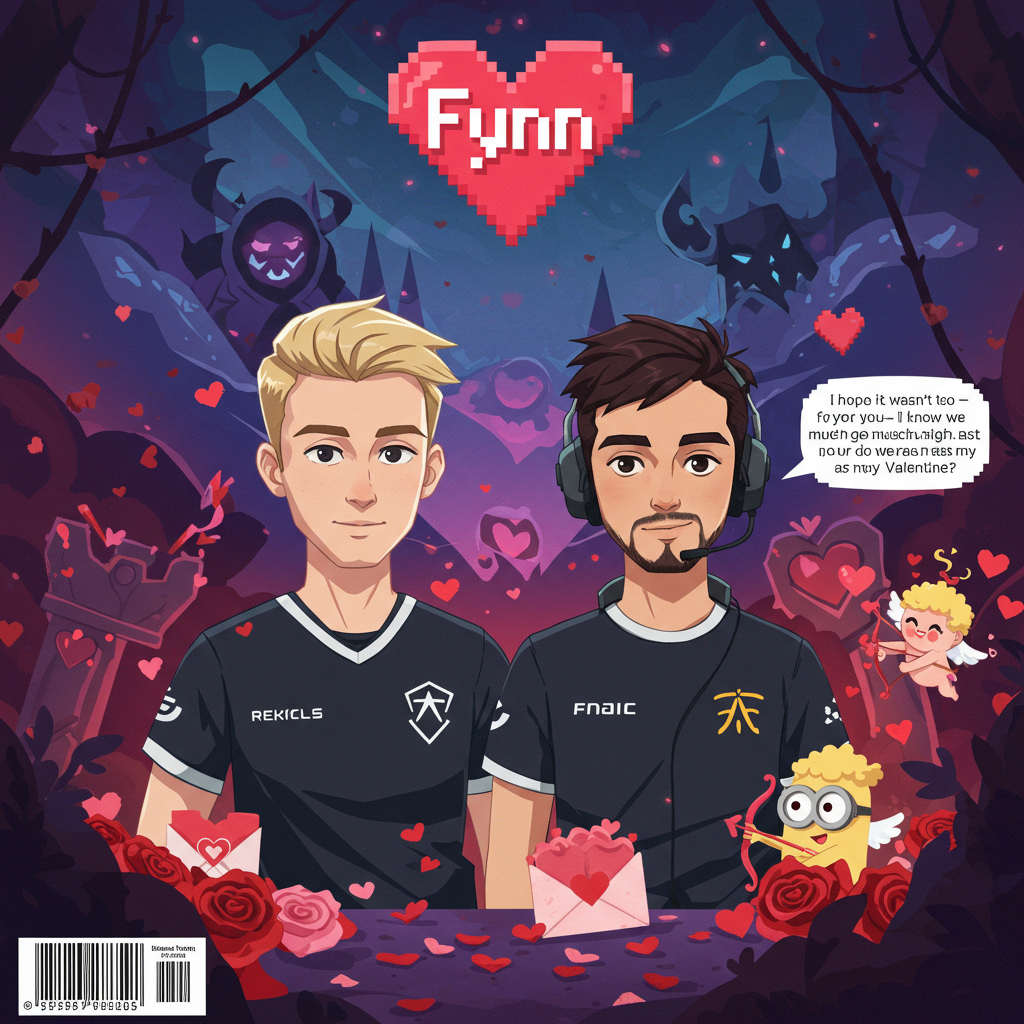 **Front Cover Design Description:**

**Main Characters:**
- **Rekkles and Caedrel:** Feature Rekkles and Caedrel as stylized, flat vector illustrations. Rekkles should have his signature blond hair, sleekly styled, and be wearing a minimalist jersey with subtle "Fnatic" hints. Caedrel can be depicted with his notable dark hair and a clean T-shirt with a simple headset around his neck.

**Scene Setup:**
- **Background:** Set the scene in Summoner's Rift, using abstract flat shapes to suggest the iconic map. Use deep purples, blues, and hints of green to bring out the mystical element, but keep it subtle to focus on the characters.
- **Environment Elements:** Include a stylized Baron Nashor peeking in the background with exaggerated flat features and vibrant hues. The foreground should have flat, simplified turrets with heart-shaped top tiers.

**Valentine's Elements:**
- **Hearts and Roses:** Scatter flat, minimalistic hearts and roses around the scene in shades of red and pink. Include some pixelated hearts floating like they’re part of a video game interface.
- **Cupid Minion:** A cute, flat-designed minion dressed as a cupid with tiny heart-tipped arrows and wings, shooting a playful arrow towards the characters.

**Text Elements:**
- **Main Phrase:** The phrase "I hope it wasn't too much for you—I know we didn’t get much sleep last night… But would you do it all over again as my Valentine?" should be integrated into a speech bubble coming from Caedrel, done in a clean, sans-serif font.
  
- **"Fynn" Placement:** "Fynn" should be creatively placed on a pixelated heart banner above the characters, using a retro gaming font for a fun, thematic touch.

**Color Palette:**
- Use bold, contrasting colors to maintain a crisp, clean look. Stick to a mix of league-themed purples and blues for the base, complemented by vibrant reds and pinks for the Valentine’s elements. Accents of gold and white can be used for highlighting and adding depth.

**Artistic Inspiration:**
- Employ the sleek lines and bold color blocks inspired by Yulia Sokolova and Malika Favre. Incorporate the energetic line work of Patrick Seymour and the dynamic shapes of Matt W. Moore to keep the scene engaging and visually striking.

This design aims to blend the vibrant world of League of Legends with a playful Valentine’s Day twist, capturing the characters and scene in a fun, engaging way that fans will appreciate.
Generated with these themes: A valentines card including following things: It should be League of legends themed, My image of Rekkles and Caedrel, The phrase "I hope it wasn't too much for you—I know we didn’t get much sleep last night… But would you do it all over again as my Valentine?".
Made with ❤️ by AI.