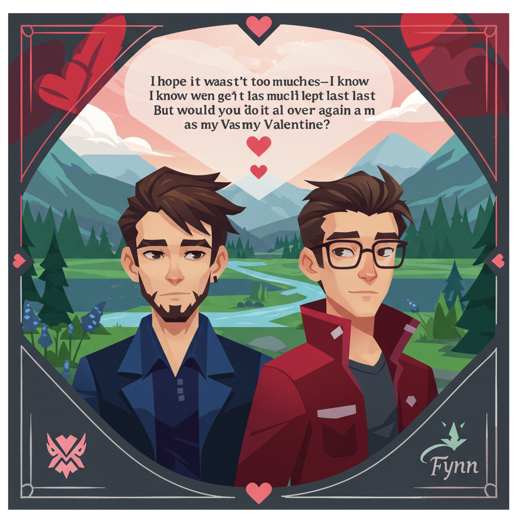 **Card Cover Design: "Valentine's Day - League of Legends Inspired"**

**Main Scene Description:**

1. **Characters:**
   - Create clean vector representations of Rekkles and Caedrel. Position them centrally on the card. 
   - Rekkles should have his iconic hairstyle, wearing a stylish, flat-colored shirt in shades of dark blue and black. Use crisp lines to define features and clothing.
   - Caedrel should have his recognizable glasses and a sleek jacket in a contrasting red tone. Utilize flat shapes to depict his casual but sharp look.

2. **Background:**
   - The background should resemble a flat, stylized version of Summoner’s Rift from League of Legends. Use simplified, geometric shapes.
   - Incorporate flat green shapes to represent grassy areas, dark blue for the river, and simplified, triangular shapes for the mountains in the distance.

3. **Additional Elements:**
   - Add a vector style heart-shaped banner at the top of the card, using a gradient of red and pink. The phrase "I hope it wasn't too much for you—I know we didn’t get much sleep last night… But would you do it all over again as my Valentine?" should be written in a bold, clean font, with black lines for text clarity.
   - Integrate subtle vector-style summoner spells in the corners of the card—like a simplified flash and heal, using bright yellows and greens.

4. **Text Element:**
   - Add the name "Fynn" creatively within the scene. For instance, it could be etched into a small flat-shaped rock at the bottom, using white to contrast against a dark grey rock.

5. **Colors and Style:**
   - Stick to a limited palette with high contrast: reds, blues, greens, and blacks, with white accents. Use flat colors without gradients, except on the heart-shaped banner.
   - Employ thick lines to create a bold outline for all objects and characters, capturing the essence of a flat and clean vector style.

6. **Inspiration Elements:**
   - The design should channel the minimalistic elegance of Malika Favre, with clear, bold shapes reminiscent of Matt W. Moore's work.
Generated with these themes: A valentines card including following things: It should be League of legends themed, My image of Rekkles and Caedrel, The phrase "I hope it wasn't too much for you—I know we didn’t get much sleep last night… But would you do it all over again as my Valentine?".
Made with ❤️ by AI.