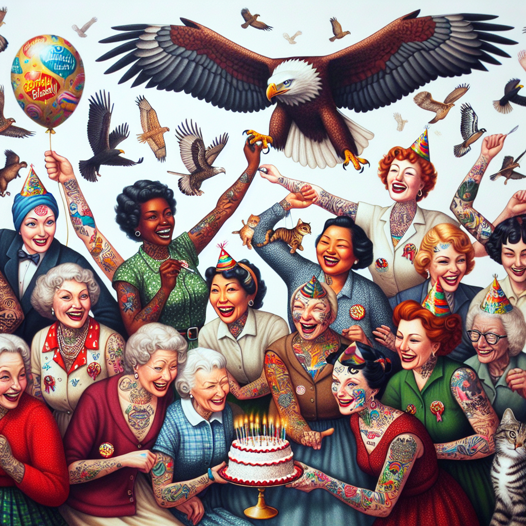 Compose a playful and realistic image of a birthday-themed tattoo sprawling across a canvas of skin. Today's scene features a group of jolly women with full-bodied, auburn hair each showcasing their own ethnicity, whether that be White, Black, Asian, Hispanic, or Middle Eastern. Each woman is vividly tattooed, one holds a festive balloon while another playfully grasps a slice of birthday cake, their tattooed arms raised high in unified joy. Amidst this human gathering, a carefully detailed sea eagle soars majestically above with its wings spread wide, embodying the essence of wilderness. To add a touch of quirk to the scene, depict a few cheeky cats sneaking and weaving between the gathered ladies, their tails curled in shared delight.
Generated with these themes: Tattooed ladies, Ginger hair, Sea eagle, and Cats.
Made with ❤️ by AI.