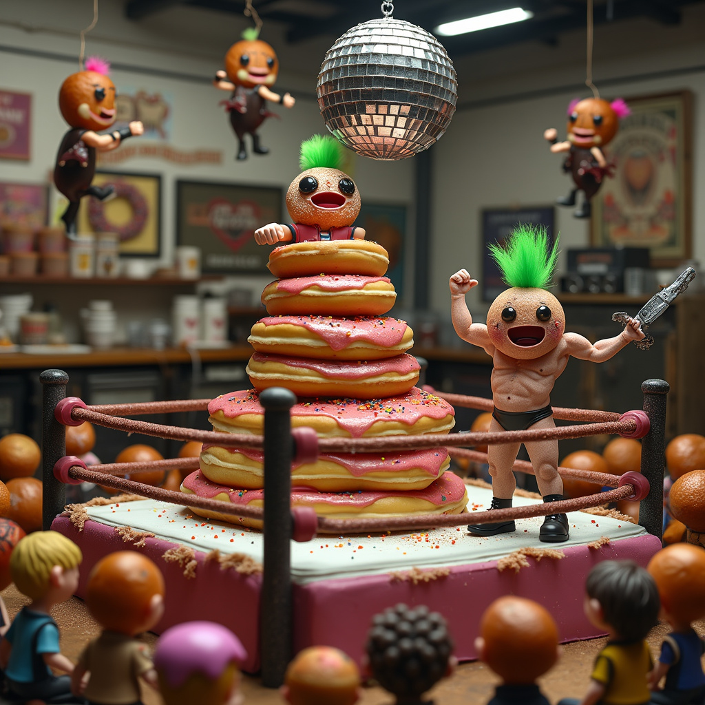 Picture this: a chaotic, whimsical wrestling ring set inside an old-fashioned punk rock bakery. The wrestling ring itself is made of icing-topped doughnut ropes, glittering with sprinkles. In the center of the ring stands a towering doughnut mountain, with jelly-filled doughnuts forming the base and cream-stuffed ones stacked higher. A few doughnuts even have neon-colored mohawks made from sugary icing, channeling their inner punk.

Around the ring, we have two characters: "The Glazed Gladiator," a doughnut-wearing WWE wrestler with a chocolate glaze mask, flexing his sugary muscles. His opponent, "The Punk Rocker Pâtissier," sports a wild green mohawk made of spun sugar, a leather jacket emblazoned with tiny edible studs, and black frosting combat boots. The Punk Rocker Pâtissier is brandishing a rolling pin covered in punk band stickers, ready to bring the chaos.

The audience consists of animated doughnuts in the front row, with expressive faces and tiny frosting fists raised in excitement. Some are holding banners with witty slogans like "Doughnut Mess with the Best!" and "Born to Glaze, Forced to Work." Off to the side, there's a bakery counter stacked with an assortment of pastries—croissants with tiny guitars, muffins with safety pins, and cookies wearing mini leather jackets.

Above the ring, a punk rock band made of anthropomorphic doughnuts is suspended on a doughnut-themed stage, complete with speakers made from cookie tins and a drum set fashioned from cupcake liners. The lead singer, a doughnut with an eye-patch made of licorice, belts out lyrics into a candy cane microphone.

In the background, the bakery walls are decorated with posters of iconic punk bands, reimagined with doughnut figures, such as "The Rolling Scones" and "The Crust Pistols." Flour and sugar bags stacked like amplifiers add to the scene, while a sparkling disco ball made entirely of doughnut holes hangs from the ceiling, casting sugary reflections all around.

This fantastical birthday scene captures the collision of WWE grandeur, punk rock rebellion, and the irresistible charm of doughnuts, all coming together in a memorable and detailed illustration.
Generated with these themes: WWE, Punk rock, and Doughnuts.
Made with ❤️ by AI.