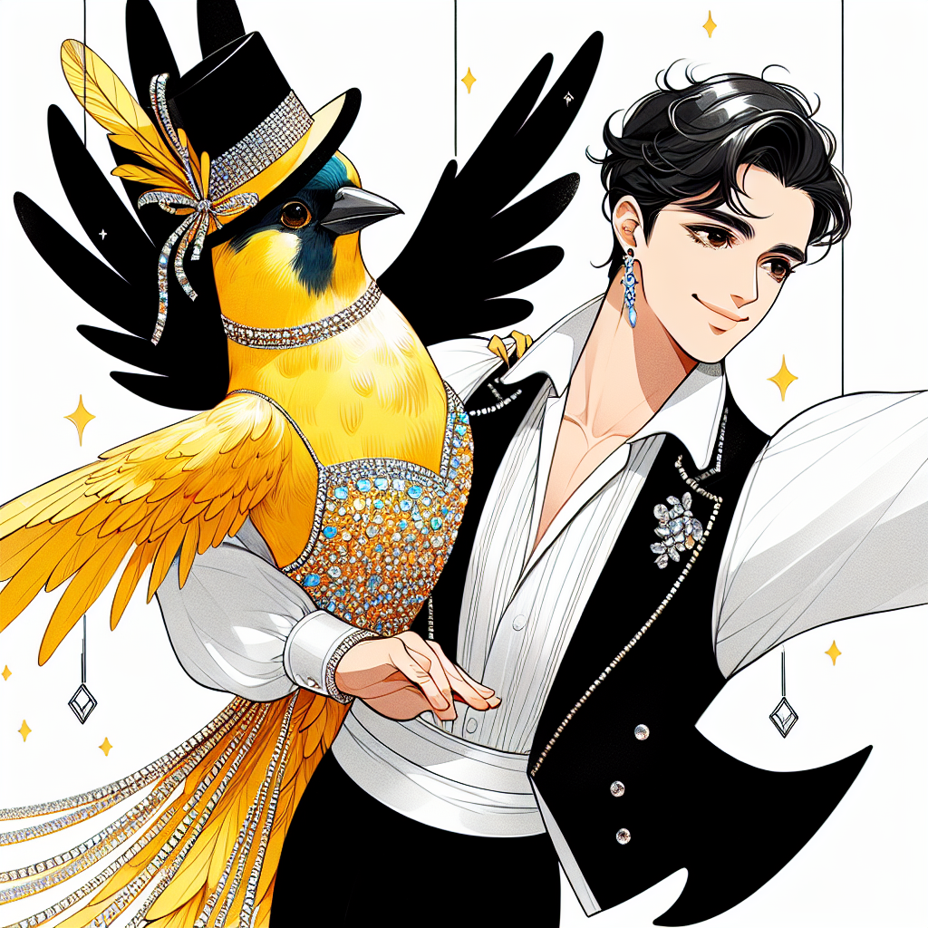 Craft an enchanting birthday illustration where the central figures include a lively canary bird, adorned in a shimmering rhinestone costume, and a suave, dark-haired, medium skin-toned man, looking debonair in his black and white dance attire. They should be gracefully engaged in waltzing, creating an ambiance of joy and festivity that is fitting for a birthday celebration. Their movements should narrate a story of jubilation, unity, and effortless rhythm, with the man and the bird in perfect sync, showcasing their harmonious dance.
Generated with these themes: a canary bird wearing a rhinestone dancing costume and dancing waltz with a dark haired men without a beard, tanned, wearing a black and white dancing costume.
Made with ❤️ by AI.