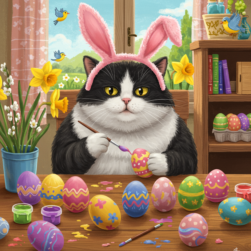 **Prompt:**  
A chubby black and white tuxedo cat, comically serious, wearing oversized pink bunny ears that keep slipping over one eye. The cat sits at a cluttered wooden table splattered with pastel paint. It's intently painting a row of Easter eggs with a tiny brush held between its paw pads. Some eggs are decorated beautifully, while others are chaotic masterpieces—one egg is even painted to look like a tiny mouse! A few colorful eggs have rolled off the table and onto the floor. Behind the cat, an open window reveals a sunny spring day with daffodils blooming and birds chuckling mid-flight. The scene oozes mischief and whimsy, in a bright, cheerful illustration style with playful details and soft, springtime colors.
Generated with these themes: Fat black and white cat wearing bunny ears and painting coloured easter eggs .
Made with ❤️ by AI.