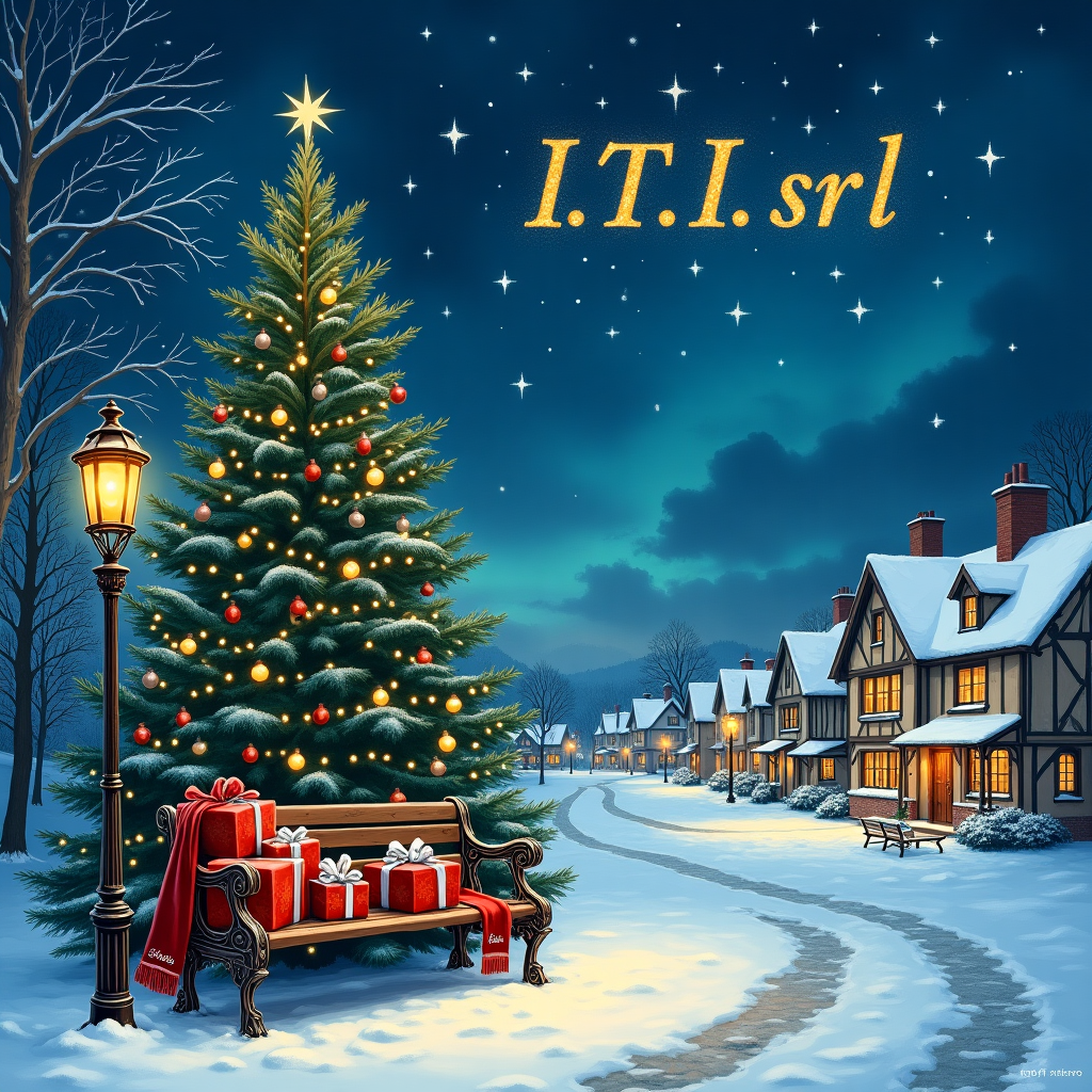 The scene unfolds in a serene, snow-draped village nestled within a tranquil valley, where twilight casts a gentle indigo hue across the landscape. Central to the composition is a grand, intricately adorned evergreen tree, towering majestically. Its branches are aglow with delicate, vintage-style glass baubles, reflecting soft light from strings of warm, twinkling fairy lights. Beneath the tree, a picturesque wooden sled, dusted with snow, is heaped with an array of elegant, velvet-wrapped gifts, tied with ornate silver ribbons that catch the moonlight.

To the left of the tree stands a beautifully detailed Victorian-era lamppost, its soft light illuminating an elegant wrought-iron bench. On the bench lies a vibrant red scarf, the ends embroidered with "I.T.I. srl" in a sophisticated, golden script, serving as a personalized touch for the recipient. This detail invites the viewer into the narrative, as if I.T.I. srl is a cherished guest in this festive tableau.

In the background, a row of charming Tudor-style houses with snow-laden roofs lines the cobblestone street. Their windows are aglow with a warm, inviting light, hinting at the cozy gatherings within. Above the scene, the sky is a mesmerizing tapestry of swirling indigo and sapphire hues, reminiscent of Orlando Arocena’s vibrant use of color, with stars twinkling subtly amidst the celestial expanse.

Amidst the clouds, "I.T.I. srl" is artfully woven into the night sky, formed by a constellation of shimmering stars, offering a celestial nod to the recipient. This elegant touch echoes the crisp lines and intricate details inspired by Patrick Seymour’s work, ensuring the name is both a focal point and seamlessly integrated into the scene. Delicate snowflakes, drawn with the precision and whimsy of Von Glitschka’s designs, fall gently throughout, completing this solemn and elegant Christmas card front.
Generated with these themes: elegant.
Made with ❤️ by AI.