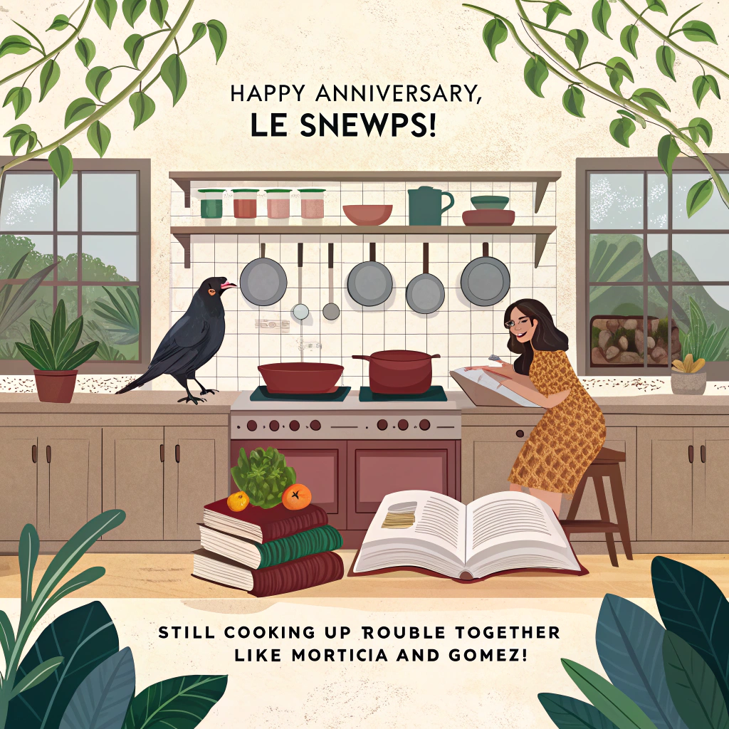 At the top of the image, "Happy Anniversary, le Snewps!"

- Add at the bottom of the image, "Still cooking up trouble together like Morticia and Gomez!"

- In the center of the image, capture a photorealistic scene of a kitchen with pots and pans hanging from the ceiling. A playful raven is perched on a stack of cookbooks, while lush green plants encircle the scene. In the foreground, a couple, reminiscent of Morticia and Gomez Addams, are cheekily stirring a cauldron bubbling over with colorful steam. The scene is set with rich textures and accurate lighting to capture the magical chaos of a culinary adventure.
Generated with these themes: Cooking, Plants, Ravens/Crows, Addams Family, dark humor, travel, , and .
Made with ❤️ by AI.
