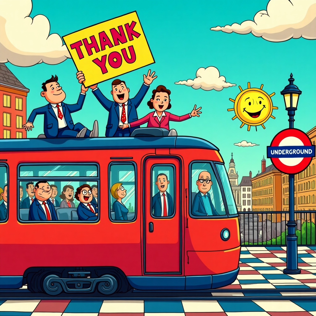 Front and center on the greeting card, a vibrant and bustling scene unfolds. The focal point is a cartoon-style depiction of a Transport for London train, its iconic red and blue colors exaggerated to pop with a lively energy reminiscent of pop art. The train is larger-than-life, with the windows and doors humorously oversized, almost like the train is bursting with excitement.

Perched atop the train are cartoon-style characters, professional men and women in exaggerated business attire. Each figure sports oversized, stylized features reminiscent of Charles Schulz’s Peanuts, with broad smiles and round, expressive eyes. One character, a woman in a bright blue blazer and a playful polka-dot tie, waves a massive, comically large thank-you card, the card itself adorned with bold, pop-art-style thank-you text in a mix of reds, yellows, and blues.

Behind the train, a cityscape stretches out, echoing the stylized simplicity of Hergé’s Tintin with clean lines and bright, flat colors. The buildings are tall, with oversized windows reflecting the vibrant hues of the scene. In the background, a sun with a wide grin, similar to Bill Watterson’s playful style, peeks out from behind fluffy, exaggerated clouds that seem to dance across a brilliant blue sky.

The ground is a colorful checkerboard pattern, inspired by pop art’s love for patterns and repetition. On the right side of the scene, a cartoon-style Underground sign, humorously large, leans slightly, as if part of a whimsical, animated dance.

Overall, the card bursts with color and detail, drawing the eye across the scene with a sense of playful dynamism and a nod to the lively, animated style of Walt Disney and Osamu Tezuka. The entire scene vibrates with energy and humor, celebrating the everyday heroes of the professional world with a joyful, pop-art twist.
Generated with these themes: Transport for London trains , Popart , and Professional men and women .
Made with ❤️ by AI.