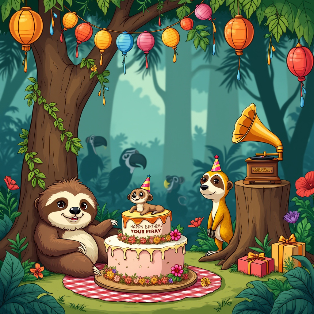 The scene is set in a lush, colorful jungle, where a whimsical birthday celebration is underway. In the foreground, a cute, cartoonish sloth, with its signature sleepy eyes and wide, goofy grin, is draped lazily over a low-hanging branch of a towering kapok tree. Its fur is a soft, earthy brown with lighter patches around its eyes and belly, adding to its endearing appearance. Beside it, nestled into the sloth's side, is an equally adorable meerkat, standing upright with a playful twinkle in its eyes. The meerkat's sleek fur is a blend of sandy yellows and browns, with darker stripes along its back.

Above them, colorful jungle vines are adorned with festive decorations, including strings of vibrant, paper lanterns and multicolored balloons that sway gently in the breeze. The background is a tapestry of lush greenery, with various tropical plants and flowers adding splashes of vivid color, such as bright red hibiscus and yellow heliconia. In the distance, a group of curious jungle animals, including a parrot, a monkey, and a toucan, peer through the foliage, intrigued by the birthday celebration.

A large, whimsical birthday cake, designed to resemble a tree stump and topped with a miniature hammock where a tiny plush version of the sloth and meerkat rest, sits atop a checkered picnic blanket. The cake is whimsically decorated with colorful icing and edible flowers, with "Happy Birthday" written in a playful font across the top. Scattered around the cake are small presents wrapped in leafy patterns and tied with vines, adding to the jungle theme.

To the side, an old-fashioned gramophone sits atop a tree stump, its horn pointing upward as if it's ready to play a cheerful tune for the partygoers. The scene is filled with the intricate, humorous details reminiscent of Bill Watterson's work, combined with the gentle charm of Charles Schulz's characters. The overall composition invites the viewer to join the celebration, making them feel a part of this delightful, whimsical jungle birthday party.
Generated with these themes: A cute sloth and a cute meerkat cuddling .
Made with ❤️ by AI.