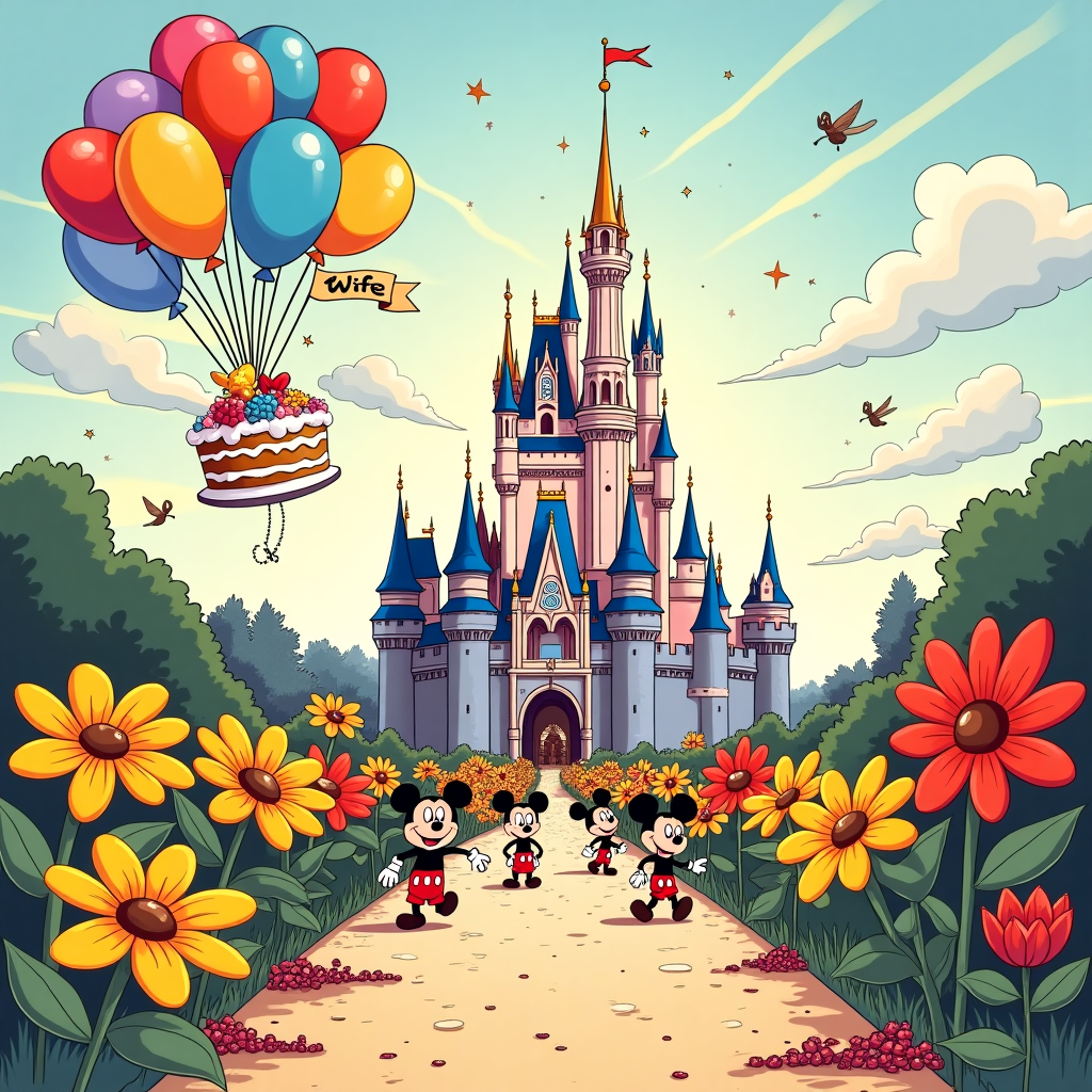 The front cover of the greeting card bursts with a colorful and whimsical cartoon-style scene, inspired by a vibrant mix of iconic artistry. 

**Central Scene:**
- **Background:** An animated portrayal of Disney's Magic Kingdom, with a grandiose castle standing majestically at the center. The castle is outlined in thick, expressive lines, its towers twinkling with stars and surrounded by a pastel-colored sky with swirls of lavender and baby blue.
- **Foreground:** A playful pathway leading to the castle, peppered with oversized, cartoonish flowers in bright yellows, reds, and blues, reminiscent of Peanuts’ simplicity yet with Disney’s enchantment. 

**Characters & Objects:**
- **Characters:** A gathering of eccentric, exaggerated characters with large eyes and whimsical features inspired by Osamu Tezuka’s style, parading joyfully towards the castle. Each character is dressed in vintage Mickey Mouse-style costumes with hints of Bill Watterson's playful line work.
- **Balloon Cluster:** Floating above, a bunch of vibrant balloons in varying sizes and shapes, their vivid colors echoing R. Crumb’s bold comic tones. Tied to one of the balloons is a banner that reads "Wife" in elegant, gold-tinted script, with fairy dust cascading from the letters.

**Additional Elements:**
- **Birthday Cake:** An enormous, tiered cake stationed on the pathway, with layers iced in bright, candy-like colors. It’s dotted with characters from Hergé’s palette, each adding a pop of contrast against the cake’s sweet pastels. 
- **Sky Details:** The sky above is scattered with comical, fluffy clouds inspired by Gary Larson’s subtle humor, each cloud depicting playful, hidden images like a mouse-shaped cloud or a tiny fairy peeking out.

**Framing:**
- The edges of the card are bordered with delicate, swirling vines in a style reminiscent of Winsor McCay’s detailed dreamscapes, intertwined with tiny, glimmering stars and bursts of fireworks, capturing the essence of celebration and magic.

This greeting card combines the enchanting nostalgia of Disney with a quirky cartoon twist, creating a visually captivating and fantastically surreal birthday scene for a cherished wife.
Generated with these themes: Disney Magic Kingdom.
Made with ❤️ by AI.