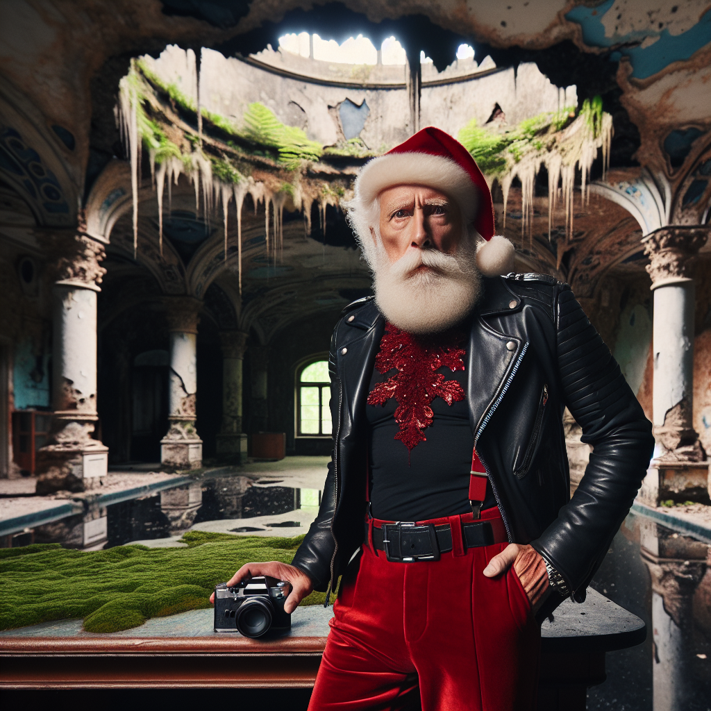 Santa claus, urbex, with camera, dressed in black leather biker jacket and red trousers, in an abandoned ancient villa and hole in the ceiling, full of dust and cobwebs with mold on the walls and ferns on a broken wooden table Christmas Card