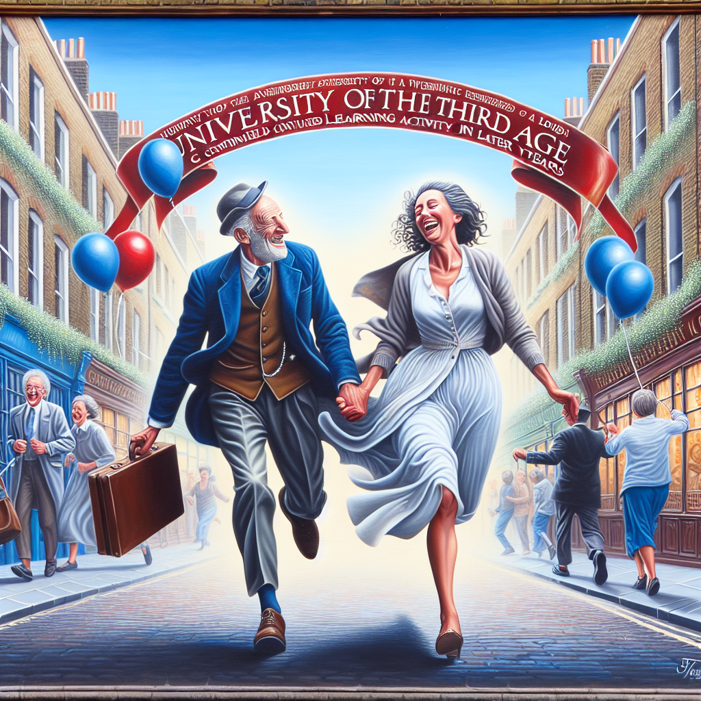 An enchanting anniversary scene held in a London district where a pair of individuals is joyfully engaged in a moment of celebration signifying their enduring bond. These figures are portrayed running lightheartedly past a symbolic establishment known as the University of the Third Age, a testament to continued learning and activity in later years. The artwork radiates a sense of comfort and inclusivity, showcasing the busy social environment enveloping them. The male individual is Black and the female individual is Hispanic, both maintaining an air of youthfulness and vitality.
Generated with these themes: social running university of the third age crouch end district.
Made with ❤️ by AI.