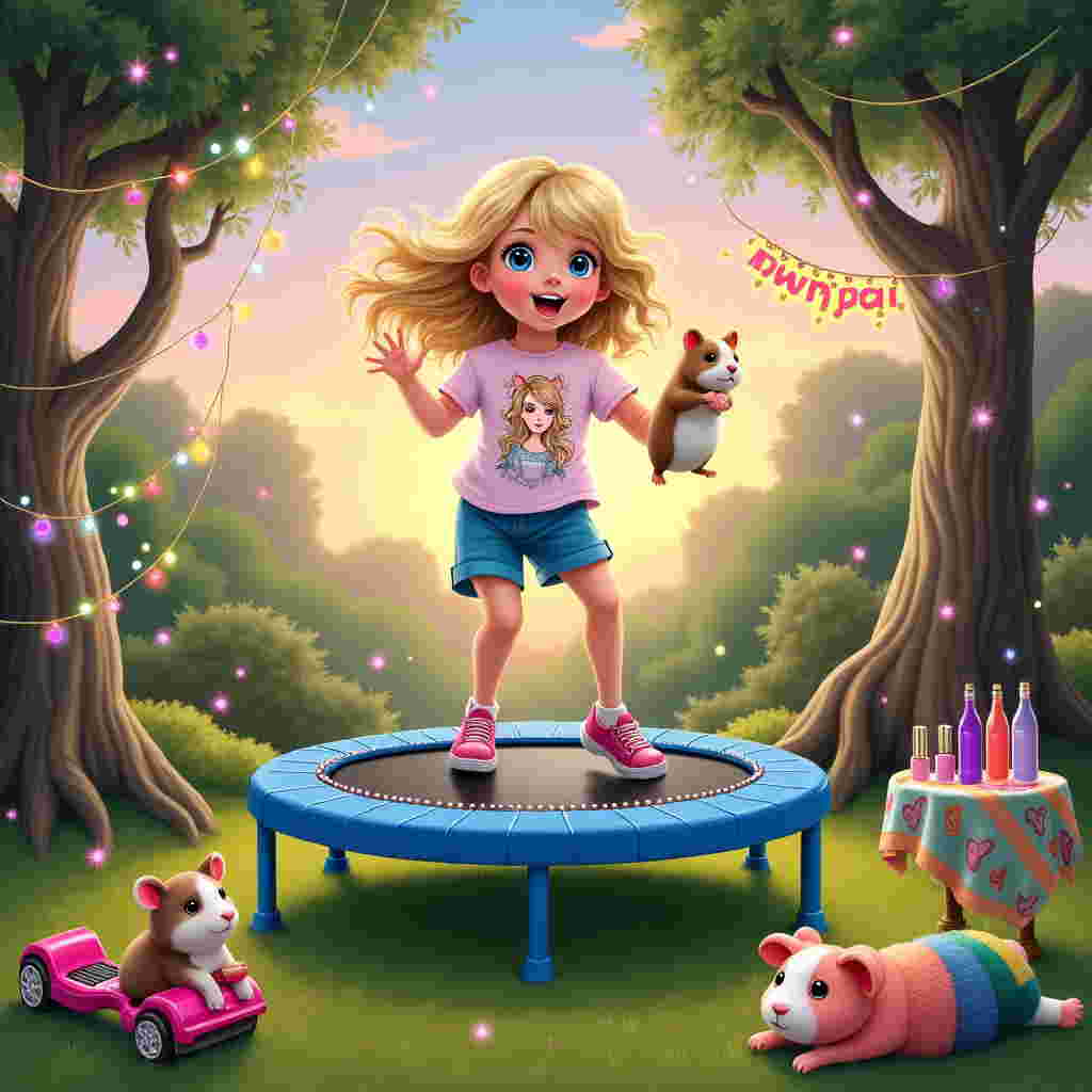 At the center of the scene, a lively 10-year-old girl with blonde hair cascading in soft waves and sparkling blue eyes bounces joyfully on a vibrant blue trampoline. She's wearing a T-shirt emblazoned with a playful caricature of Taylor Swift, its colors a lively mix of pastel pinks and purples, echoing the energy of the moment. In her hand, she tenderly cradles a brown and white hamster, its tiny eyes wide with curiosity.

Surrounding her in a whimsical dance are delicate strings of fairy lights, glowing in a kaleidoscope of colors—crimson, emerald, and sapphire—that twinkle and swirl around like a magical aura. Beside the trampoline, a sleek, futuristic hoverboard rests on the grass, its metallic surface reflecting flecks of iridescent blues and silvers.

On the lush green lawn below, a pair of Heelies with vibrant pink wheels lay askew, as if recently abandoned in the haste of trampoline excitement. Nearby, a Jellycat plush toy with its unmistakably soft fur and floppy ears lounges in the sun, its fabric a charming patchwork of pastels. A Snackle soft toy, featuring its unique blend of textures and colors—a riot of teal, coral, and yellow—sits beside it.

To the right, a small table holds an array of makeup bottles, their sleek glass surfaces catching the light. Shades of blush, deep violet, and shimmering gold add a touch of elegance and playfulness to the setting.

The background showcases an enchanting woodland scene inspired by Arthur Rackham's illustrations, with gnarled trees and a distant hint of a Beatrix Potter-esque cottage peeking through. Amidst this scene, a vibrant banner draped between two trees bears the name "Poppy" in flowing, Beardsley-inspired script, its letters adorned with intricate floral motifs.

The sky above, painted in Maxfield Parrish's style, blends hues of soft peach and lavender as the day begins to gently fade, casting an enchanting glow over the entire scene.
Generated with these themes: 10 year old girl blond blue eyes , on trampoline with a  brown and white hamster in her hand she’s wearing a Taylor swift t shirt. Around her are fairy lights , hover board , heelies ,   Jelly cat and snackle softtoys, and Make up  bottles on a table.
Made with ❤️ by AI.