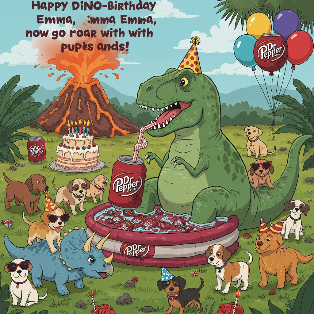 **Prompt:**  
At the top of the cartoon image, *Happy DINO-birthday Emma, now go roar with puppies and Dr Pepper!*

Cartoon image of a bright and playful prehistoric scene with a party going on in a grassy clearing. In the center, a giant green T-Rex wearing a sparkly party hat is sitting in a kiddie pool full of Dr Pepper instead of water, sipping through a massive curly straw. Surrounding the dino are a bunch of adorable puppies—golden retrievers, pugs, dachshunds—all wearing little sunglasses and dinosaur tails. One puppy is riding on a triceratops like it’s a pony. There’s a volcano cake erupting frosting in the background and balloons shaped like bones, cans of Dr Pepper, and dinosaurs floating in the sky. The whole scene has vibrant, exaggerated cartoon energy, like something straight from a chaotic Saturday morning cartoon.
Generated with these themes: Dinosaur , Dr Pepper , and Puppies.
Made with ❤️ by AI.