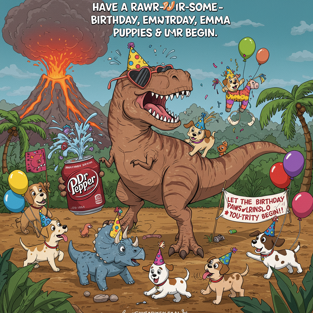 **Prompt:**

At the top of the cartoon image, “Have a Rawr-some Birthday, Emma – Powered by Puppies & Dr Pepper!”

Create a vibrant, cartoon-style scene in a prehistoric party setting. A giant, goofy T-Rex wearing a birthday hat and oversized sunglasses is attempting to hold a can of Dr Pepper with its tiny arms, accidentally spraying it in excitement. Around the dinosaur's feet, a chaotic, adorable pack of party hat-wearing puppies are trying to herd balloons and chase their own tails. One puppy is riding a miniature triceratops, holding a banner that reads "Let the birthday paws-terity begin!" The background includes a volcano spewing confetti instead of lava and a piñata shaped like a soda can hanging from a palm tree. The whole image has a funny, chaotic party vibe with rich, bright colors and over-the-top expressions.
Generated with these themes: Dinosaur , Dr Pepper , and Puppies.
Made with ❤️ by AI.