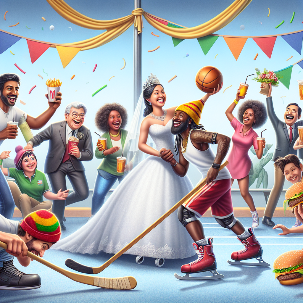 Create a jovial image detailing a unique birthday and wedding celebration. In the foreground, depict a cheerful South Asian man and a Black woman exchanging wedding vows, representing the concept of 'Married at First Sight'. The background should contain a harmonious blend of sports and festivities. Render diverse individuals, including a Hispanic man and a Middle-Eastern woman playfully skating with hockey sticks, aiming at a basketball hoop. To the side, illustrate some spectators comprising of, Caucasian and South Asian individuals, energetically cheering the players on, with fast-food burgers in their hands and sipping on generic cola beverages. Convey the joy and festivity of the scene.
Generated with these themes: Married at First Sight, Burgers, Pepsi Max, Hockey, and Netball.
Made with ❤️ by AI.