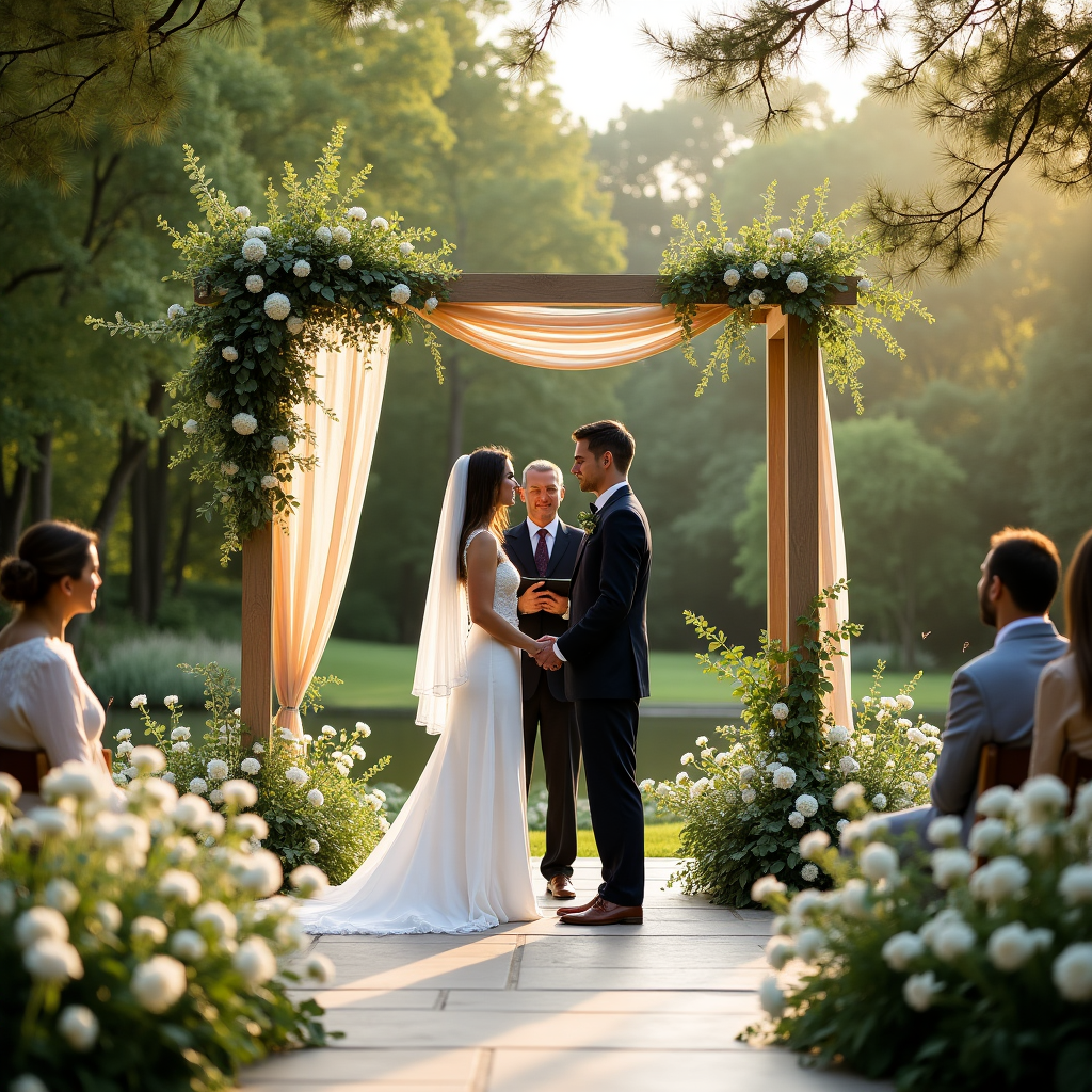 **Prompt:**  
A realistic photograph of an intimate, solemn wedding ceremony set in a lush outdoor garden, surrounded by vibrant greenery and soft white flowers. The bride and groom stand beneath a minimalist modern arch made of light wood, draped with beige linen and adorned with eucalyptus and pale green foliage. Soft golden hour light filters through the trees, casting a warm glow on their quiet, heartfelt moment. Subtle modern touches include a neutral-toned stone pathway and beige-clad seating for guests, all blending seamlessly with the natural setting. The mood is reverent and serene, with a timeless, organic elegance.
Generated with these themes: greenery, flowers, modern design with beige, green colors.
Made with ❤️ by AI.