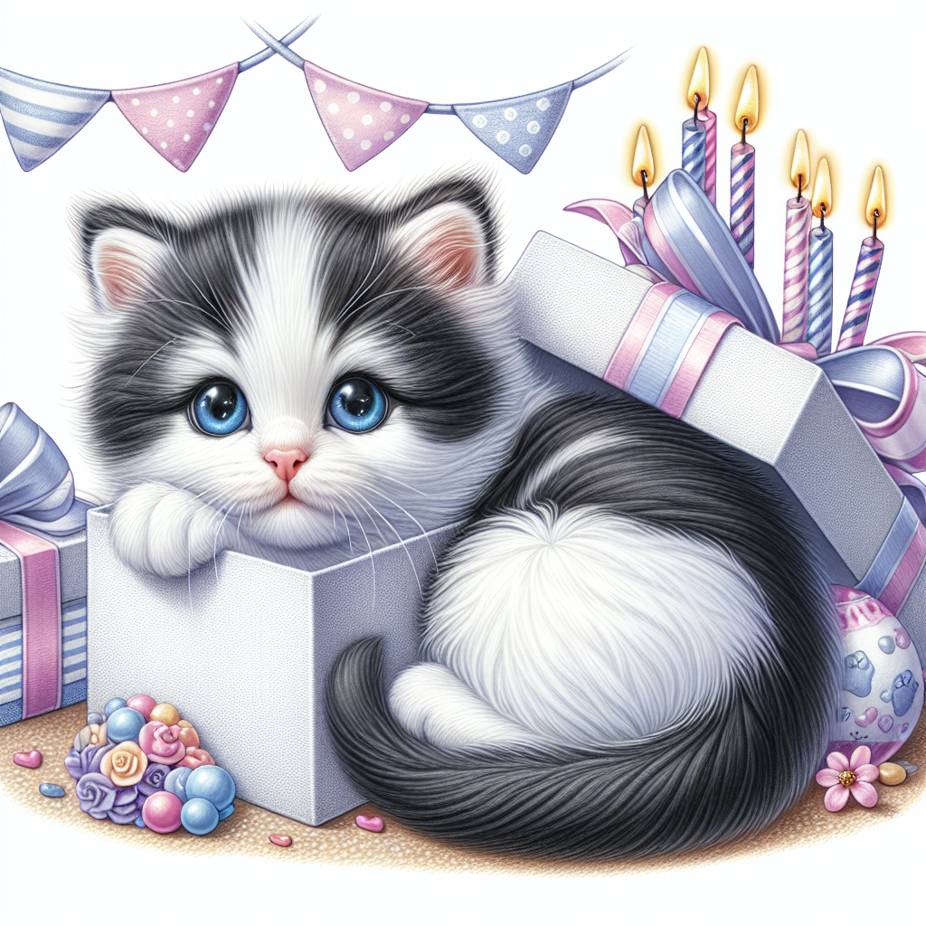 A cozy birthday setting is brought to life by a slender kitten, its black and white fur immaculately drawn against a backdrop of playful birthday elements. Blue-eyed and full of warmth, the kitten curls up inside a gift box, its innocent gaze adding to the sweetness of the cartoon scene.
.
Made with ❤️ by AI.