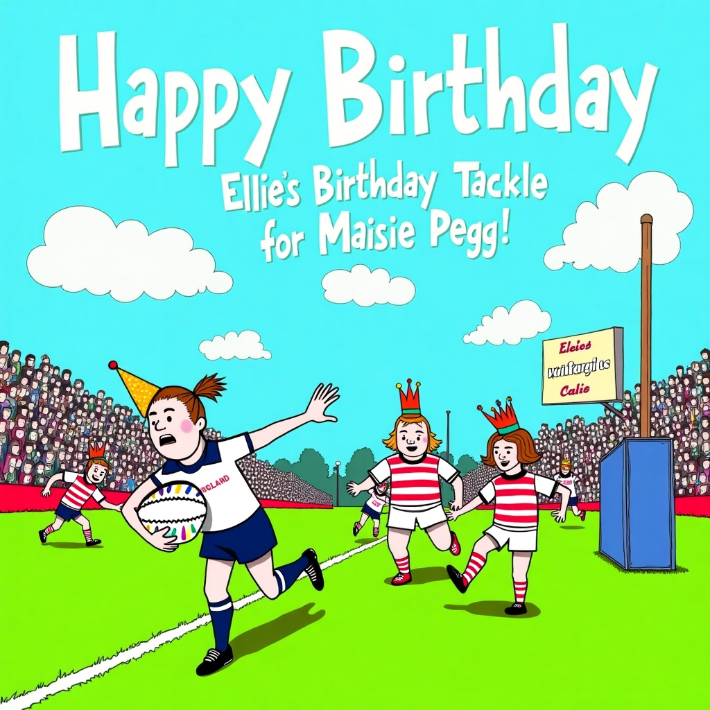The front cover of this quirky birthday card showcases a lively, comedic rugby action scene, with England's rugby star Ellie Kildunne at the forefront. In the middle of a lush, green rugby pitch, Ellie is captured mid-sprint, a determined expression on her face, with a birthday cake-shaped rugby ball tucked under her arm. The cake is adorned with colorful icing and tiny candles that flicker as she charges forward. In the background, the opposing team members are humorously dressed as clowns, complete with oversized shoes and red noses, as they comically trip over each other in a futile attempt to catch Ellie. Above the scene, the sky is a bright cerulean blue, dotted with fluffy white clouds that spell out "Happy Birthday Maisie Pegg" in whimsical, curving letters. Near the edge of the pitch, a crowd of cartoonish fans, wearing exaggerated foam rugby hats, cheer enthusiastically. Among them is a jumbotron screen that comically displays, "Ellie's Birthday Tackle for Maisie Pegg!" In the corner of the field, a towering birthday cake goalpost stands, adding to the delightful absurdity of the scene. This card captures a moment of playful chaos, a celebration of both rugby and birthdays, all dedicated to Maisie Pegg.
Generated with these themes: Ellie Kildunne rugby action scene.
Made with ❤️ by AI.