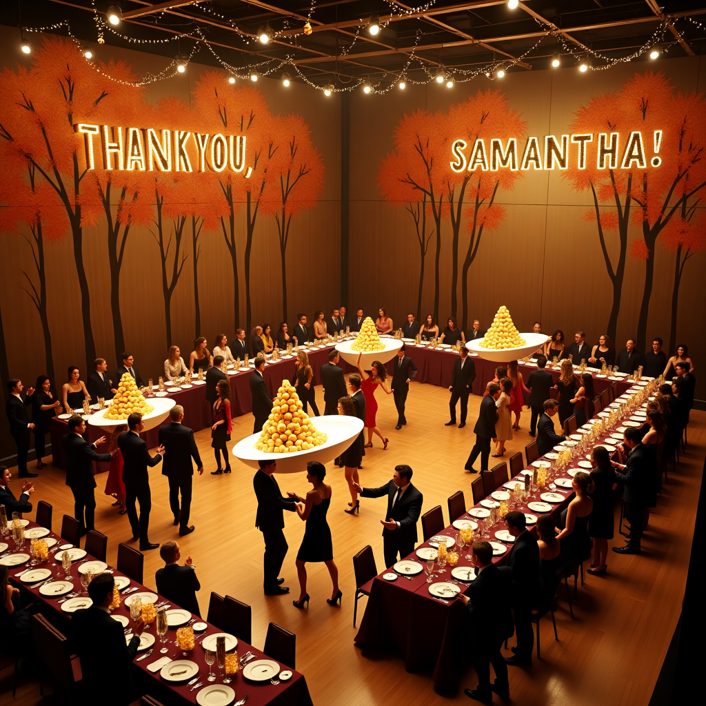 In a grand and elegant wooden room devoid of windows, the scene is alive with high-energy dancing, the floor vibrating under the rhythmic footsteps of the guests. Men in crisp suits and women in chic semi-formal dresses whirl around under the gentle glow of strand lights, which hang artistically across the ceiling like constellations in an evening sky. These lights lead the eye to a stunning marquee sign on one wall, crafted to resemble the bright lights of New York, reading "THANK YOU, SAMANTHA!" in bold, sparkling letters. The walls are lined with life-sized, vivid murals of New York in fall, showcasing vibrant autumn trees with leaves in shades of fiery orange and deep red, each one painted with intricate detail. A closer look reveals musical notes subtly woven into the branches, as if the trees themselves are whispering a melody. Dominating the center of the room, enormous white ceramic oval-shaped platters, artfully arranged, display towers of crispy fried shrimp, their golden hue contrasting beautifully with the room’s rich wooden tones. Flanking these platters are long, rectangular dining tables, draped in deep burgundy cloths, elegantly set with fine china and tall, elegant glassware, ready for the feast. The overall impression is one of organized chaos, a dance floor alive with celebration, all under the watchful 'eyes' of the whimsical New York scenes, telling the story of a joyous gathering in honor of Samantha.
Generated with these themes: Crowd high-energy dancing in semi-formal attire in large elegant windowless wooden room with strand lights, New York Marquee, Fall trees in New York, Musical notes, Enormous white ceramic oval-shaped platters of fried shrimp, and Rectangular Dining tables.
Made with ❤️ by AI.