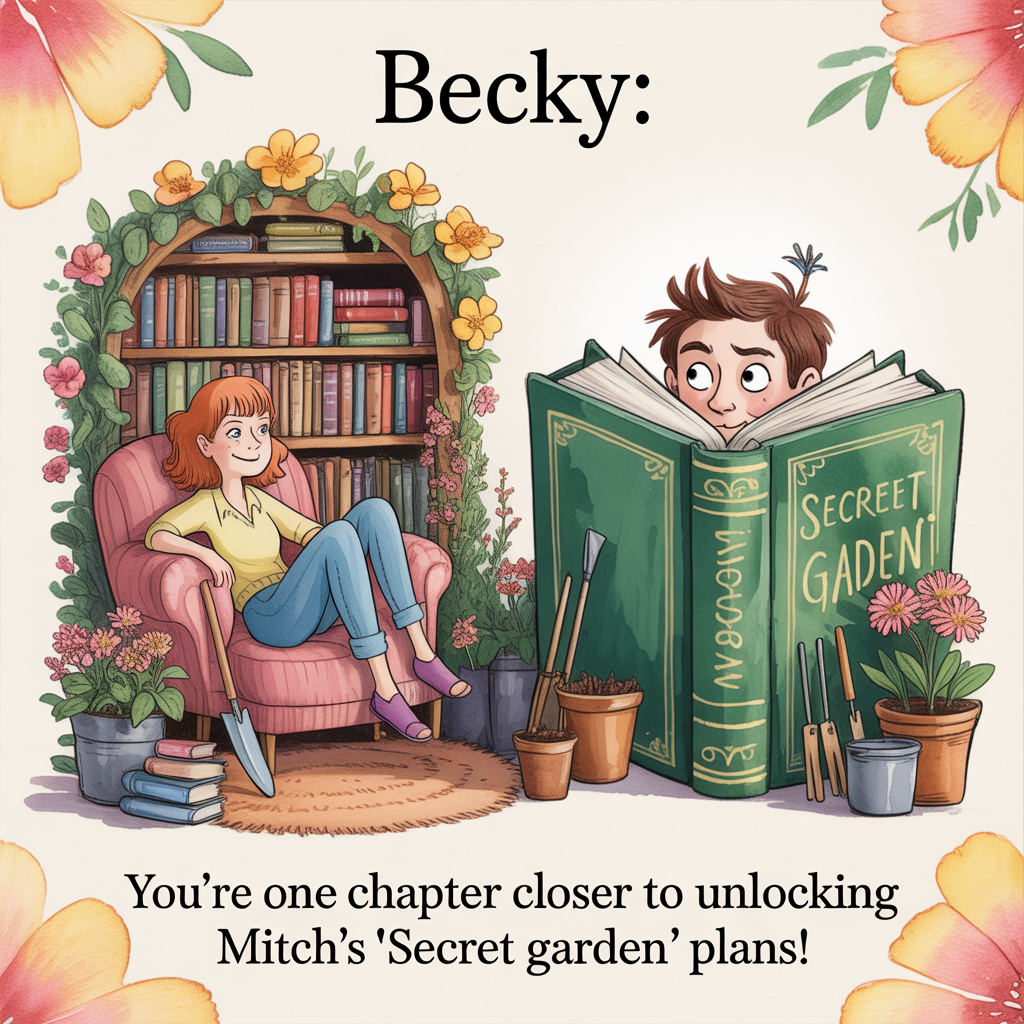 At the top of the image, "Becky:"

At the bottom of the image, "You're one chapter closer to unlocking Mitch's 'Secret Garden' plans!" 

- Illustrate a whimsical watercolor scene of Becky lounging in a cozy nook filled with books, surrounded by blooming flowers and garden tools, with a mischievous Mitch peeking from behind a giant gardening book, looking conspiratorial.
Generated with these themes: Books, gardening and being home, and her husband Mitch, and .
Made with ❤️ by AI.