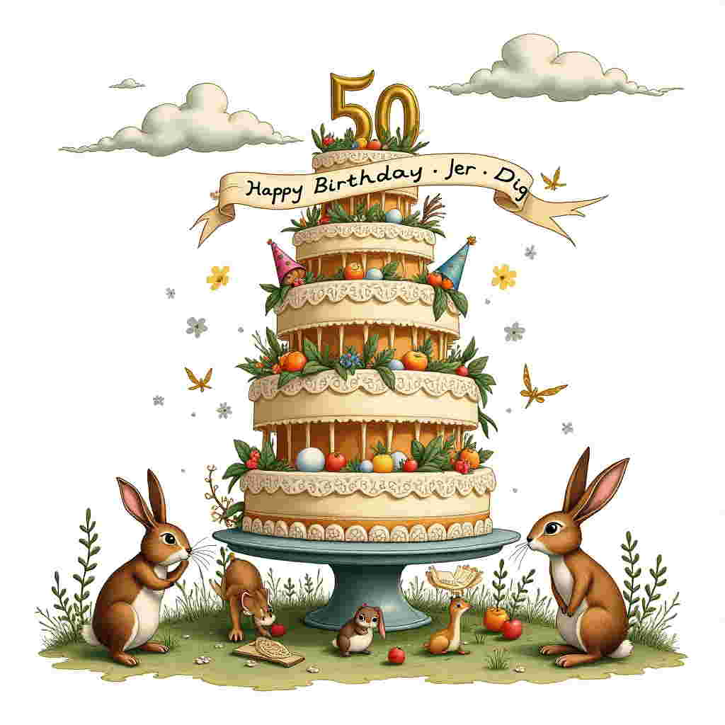 The scene unfolds in a whimsical, slightly surreal garden setting, where the central focal point is an ornate birthday cake, prominently featuring the number "50" in bold, gilded numerals that gleam with a hint of mischief. The cake itself is an elaborate tower of layered sponge, each tier adorned with intricate lace-like frosting reminiscent of Aubrey Beardsley's delicate lines, spiraling upwards like a piece of architectural art. Surrounding the cake is a collection of fantastical creatures, inspired by the imaginations of Maurice Sendak and Arthur Rackham, featuring playful woodland animals donning tiny party hats made of leaves and twigs, gathered around as if in a joyous celebration.

The background is a pristine white, offering a stark contrast to the vibrant hues of the scene. A whimsical banner, styled in the hand-drawn elegance of Quentin Blake, stretches across the top of the card, playfully reading "Happy Birthday Jer / Dig" in flowing script that seems to flutter in an imaginary breeze. Above this, the sky is painted with faint wisps of clouds, each delicately shaped to echo the flowing lines found in Edward Gorey's works, further enriched by a subtle hint of color reminiscent of Maxfield Parrish's ethereal hues.

At the foot of the cake, a curious bunny, inspired by Beatrix Potter's beloved characters, peers up with wide eyes, clutching a small, rolled-up parchment that unfurls to reveal the recipient's name, "Jer / Dig," inscribed in a flourish that echoes the intricate detail of Gustave Doré's engravings. This enchanting scene is framed with winding vines and delicate blossoms that seem to grow directly from the card itself, lending a touch of the fantastic to this milestone celebration.
Generated with these themes: Birthday cake with 50 written on it, and White background.
Made with ❤️ by AI.