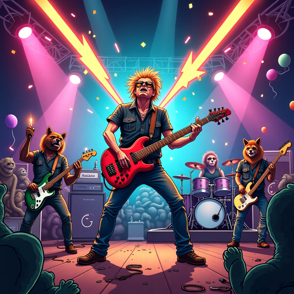 **Image Prompt:**  

At the top of the illustration image: **"Happy Birthday Rob — You Totally Shredder!"**  

Create a humorous, cartoon-style illustration of a rock band mid-performance on a dramatic, neon-lit stage. The spotlight is on the bass guitarist — a funky, over-the-top caricature of Rob, rocking out with wild hair, sunglasses at night, and a flying-V bass guitar that shoots glitter and lightning bolts. Around him, bandmates (perhaps a singing pug in leather pants, a headbanging cat on drums, and a keytar-playing sloth) add to the mayhem. Confetti rains from the sky, and the crowd — made up of jubilant dinosaurs in denim vests and aliens holding lighters — go wild. Everything oozes epic rock 'n roll birthday energy, with exaggerated poses, roaring amps, and birthday balloons floating near the stage rigging.
Generated with these themes: Playing bass guitar in a rock band on stage.
Made with ❤️ by AI.