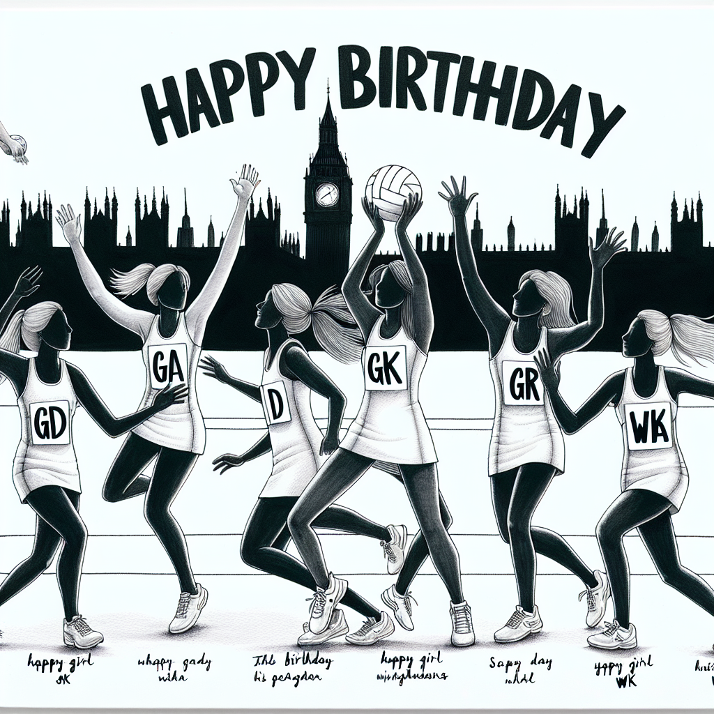 A joyous birthday illustration captures the energy of a netball match with seven white female players mid-game. Each player is in position, identifiable by their bibs: GA, GD, the birthday girl in GK, GS, C, WD, WA. The GK is the centerpiece for this special occasion without any specific name. Hovering above this spirited scene is the 'Happy Birthday' message, with the iconic London skyline etching a majestic backdrop.
Generated with these themes: 7 white female netball players are playing a match of netball, The players are wearing bibs indicating a different netball position: GA, GD, GK, GS, C, WD, WA, It’s the birthday of the player wearing the GK bib, The card says ‘Happy Birthday Jayla’, and London skyline in the background.
Made with ❤️ by AI.