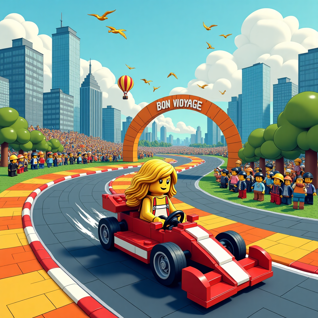 In the heart of a bustling, vibrant LEGO city, a farewell scene unfolds on a grand LEGO racetrack. Imagine a panoramic view where LEGO skyscrapers tower in the background, each brick meticulously placed, reflecting the creativity of an intricate construction. In the foreground, a brightly colored racetrack loops and weaves, dotted with cheering LEGO minifigures holding tiny flags, reminiscent of an enthusiastic, supportive crowd waving goodbye.

At the center of this dynamic scene is our protagonist, a LEGO racing girl with long, flowing blonde hair sculpted with precise curves that catch the imaginary wind as she zooms past. Her racing suit is a vivid patchwork of colors, each block seamlessly connected, symbolizing her adventurous spirit and unique flair. Her LEGO race car is an inventive masterpiece, designed with bold red and white bricks, equipped with sporty spoilers and wheels that suggest speed and precision. The car’s dashboard, though small, is packed with details—tiny, colorful dials and a miniature steering wheel showcase the meticulous attention to design.

As she speeds along the track, the road ahead splits into a fork, with one path leading towards an archway made of translucent bricks, glowing like a portal to new beginnings, and the other looping back into the city. Alongside the track, various LEGO figures—some with construction helmets, others with suits and briefcases—wave their hands, their square smiles wide and welcoming. In the distance, a LEGO hot air balloon ascends, symbolizing adventure, while a sign made from lettered bricks spells out "Bon Voyage" in playful block letters above the racetrack.

To add a touch of whimsicality, the clouds above are crafted from LEGO pieces, their contours carefully layered to give a fluffy, dreamlike appearance, drawing inspiration from Winsor McCay’s imaginative worlds. Birds, formed from small, creative assemblies of bricks, soar across the sky, adding life to the scene. This farewell setting captures the essence of an exciting journey, echoing influences from the detailed yet simple charm of Schulz's Peanuts and the dynamic movement seen in Bill Watterson's Calvin and Hobbes. This intricate and colorful illustration encapsulates a heartfelt goodbye, celebrating new beginnings in a world built entirely of imagination and bricks.
Generated with these themes: Lego racing girl with long blond hair .
Made with ❤️ by AI.