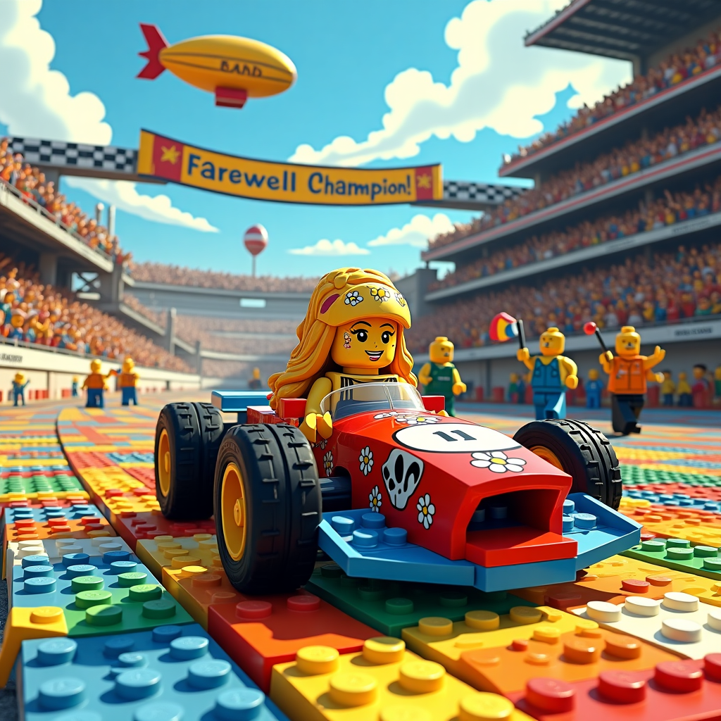 In a whimsical scene that feels as though it might have sprung from the pages of a beloved comic strip, we find ourselves on the winding, colorful track of a Lego racing circuit, alive with action and energy. At the forefront is our central character: a Lego racing girl with long, flowing blond hair that defies the typical plastic rigidity of Lego pieces. Her hair cascades like a golden waterfall from beneath a sleek, aerodynamic racing helmet painted with tiny, bright yellow daisies, each petal meticulously crafted to evoke a sense of movement even while still.

She is seated in a custom-built Lego race car, a marvel of tiny bricks assembled into a streamlined form, complete with oversized wheels reminiscent of those in Calvin and Hobbes' daring escapades. The car is decked out in vibrant colors—crimson red and electric blue—interspersed with checkered patterns that pay homage to classic racing flags. The car seems to almost hum with anticipation as it sits on the start line of a vividly colored Lego racetrack, the bricks beneath shining in hues of bright orange, lime green, and sunshine yellow, creating a kaleidoscope of excitement.

In the background, a crowd of tiny Lego figures fills the grandstand, their faces crafted with simple yet expressive dots and lines, a nod to the minimalist yet emotive style of Charles Schulz. Some figures hold tiny pennants waving in the air, while others clutch oversized foam fingers, all assembled from basic Lego elements, yet brimming with personality. Above them, a blimp floats lazily, adorned with a banner that reads "Farewell Champion!" in bold, cheery letters, each letter a brick-built marvel in its own right.

To the side of the track, a life-size Lego build of a cheerful waving hand stands, a creation reminiscent of R. Crumb’s playful yet intricate line work. It’s crafted with such detail that it appears almost organic, as if it could spring to life and wave farewell itself. The whole scene is framed by a border of playful racing motifs, perhaps checkerboard or tire treads, paying homage to the graphic novel style of Will Eisner, grounding the whimsical scene with a nod to classic comic paneling.

This farewell card encapsulates the spirit of adventure and the joy of setting off on new journeys, capturing the essence of a heartfelt goodbye through the playful, nostalgic medium of Lego and the timeless appeal of cartoon artistry.
Generated with these themes: Lego racing girl with long blond hair .
Made with ❤️ by AI.