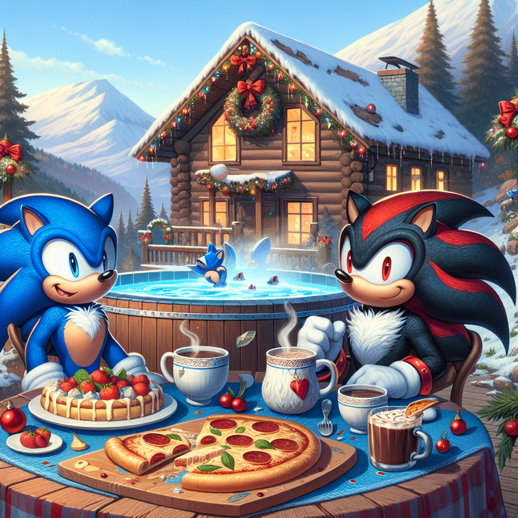 A tender birthday-themed depiction combining the delight of a gathering with the allure of the wilderness, featuring two anthropomorphic speedy hedgehogs. They are symbolically akin to iconic video game characters, one blue and the other black and red. These two friends are celebrating outside a picturesque mountain retreat embellished with cheerful ornaments. A welcoming table is dressed with slices of tantalizing pizza and steaming mugs of rich hot cocoa, enticing visitors to treat themselves. In the distance, a hot tub bubbles, offering tranquility amid the tranquil woodland surrounding.
Generated with these themes: Sega sonic hedgehog , Sega shadow hedgehog , Mountain cabin, Pizza, Hot chocolate , and Hot tub.
Made with ❤️ by AI.