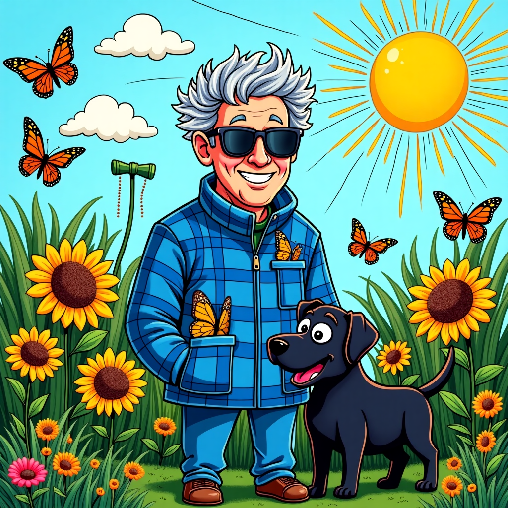 Man with gray hair and blue checked jacket in a garden with a black labrador Thank-you Card