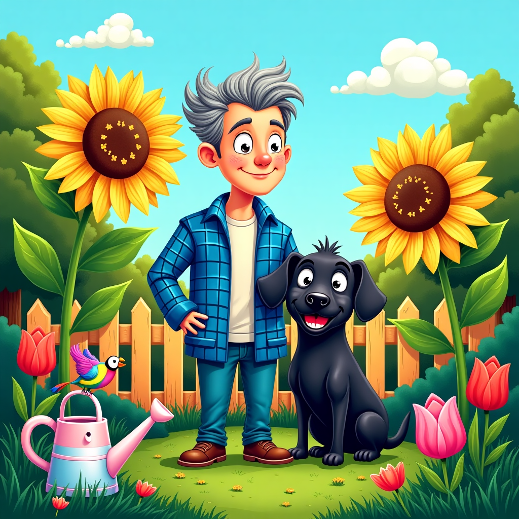 On the front cover of this thank-you greeting card, imagine a vibrant and whimsical cartoon scene bursting with color and charm. At the center, a man with endearingly exaggerated features stands proudly in his lush garden. His hair is a shock of gray, styled in a playful swoop, reminiscent of a classic comic strip character. He wears a lively blue checked jacket, each square almost pulsating with a slightly different shade of blue, creating a playful visual texture that pops against the greenery.

Beside him is a delightfully animated black Labrador with oversized, floppy ears and a mischievous grin that stretches across its muzzle. Its eyes are wide, almost saucer-like, reflecting a myriad of tiny, colorful stars that suggest an inexplicable but amusing whimsy.

The garden around them is a riot of colors and exaggerated shapes, almost as if each plant has its own personality. Enormous, exaggerated sunflowers tower over the duo with bright yellow petals that spiral whimsically outward, while cartoonishly large tulips in shades of pink and red seem to sway with the breeze. Small, fluffy clouds shaped like puffs of whipped cream dot the crisp blue sky, casting playful shadows on the grass below.

In the background, a quaint little picket fence runs the length of the scene, each plank painted a different pastel color, as if they were lifted straight from a Sunday comic strip. Near the fence, a rainbow-colored bird perches, its features exaggerated to give it an almost comical roundness, and a watering can with eyes and a smiling spout leans against the fence, joining the playful narrative.

The entire illustration is infused with a sense of exaggerated proportion and vibrant hues, reminiscent of classic cartoon styles. This lively, detailed scene is sure to bring a chuckle and a warm appreciation for gratitude conveyed through the card.
Generated with these themes: man with gray hair and blue checked jacket in a garden with a black labrador.
Made with ❤️ by AI.