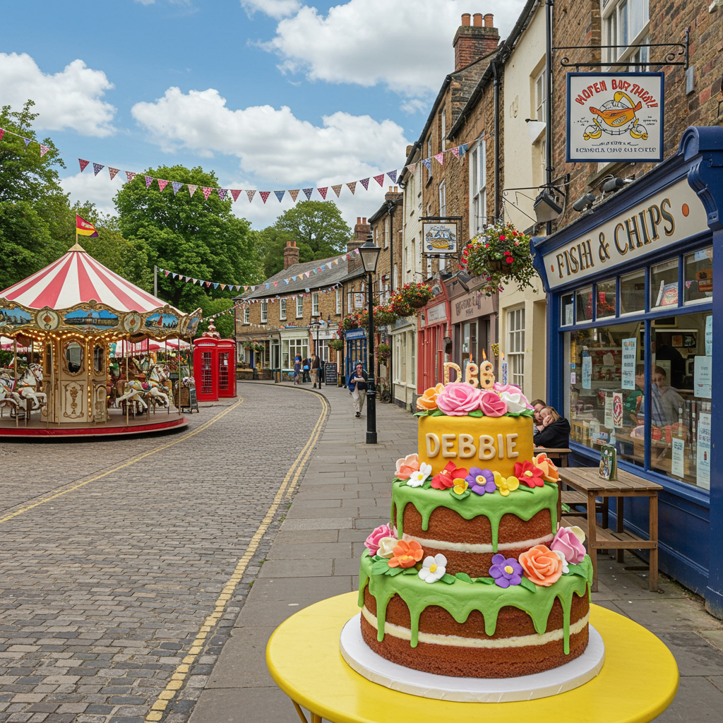 The scene unfolds on the vibrant streets of Matlock Bath, capturing the lively essence of this Derbyshire town. The main focus is a bustling street lined with quaint Victorian-style buildings, their façades adorned with cheerful bunting in hues of red, blue, and yellow. 

On the right side of the street, a classic fish and chips shop features prominently, its sign a vivid mix of white and navy blue. A small group of people is visible through the shop's large window, savoring their meals at wooden tables.

In the center, a majestic birthday cake stands atop a bright yellow table set on the sidewalk, layered with frosting that mimics the rich, verdant green of the surrounding Peak District hills. The cake is garnished with an assortment of realistic-looking edible flowers in pinks, purples, and oranges. "Debbie" is elegantly piped in bold, golden icing across the top tier of the cake.

Overhead, the sky is a bright azure with fluffy white clouds dotted throughout. A vibrant banner stretches across the street, hanging between two lampposts adorned with hanging flower baskets overflowing with red geraniums. The banner features the playful text "Happy Birthday!" in bold letters with a small, whimsically drawn sun at each end.

To the left, a vintage merry-go-round is nestled near the entrance to the park, its horses painted in gleaming whites and golds, and the canopy striped in candy cane red and white. The background fades into a lush landscape, dotted with leafy trees in various shades of green, providing a picturesque backdrop to the bustling street.

The detailed cobblestone street adds a sense of depth, while a couple of classic red British phone boxes stand proudly near the corner, providing a quintessentially English touch to the scene.
Generated with these themes: Scene of derbyshre town matlock bath.
Made with ❤️ by AI.