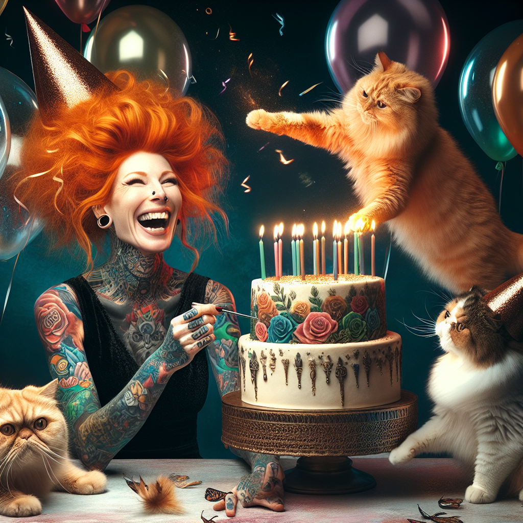 A Caucasian woman sporting a vast array of tattoos and fiery, bold ginger hair sits amidst a joyous epicenter of whimsical, party hat-adorned feline companions. With a hearty laugh, she watches as one particularly impish cat bats playfully at candles poised atop a life-like, tattoo-etched cake, the dynamic play of the flame held in a snapshot of vibrant luminescence. Encircling the scene float balloons bearing a somber realism in their translucent depiction, the flurry of motion harmonizing with the festive, hilarity-inducing atmosphere.
Generated with these themes: Tattoo lady, Cats, and Ginger hair.
Made with ❤️ by AI.