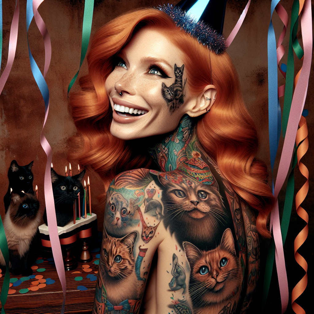 A scene unfolds with a Caucasian woman with striking ginger hair. Dressed down for a party, she sports a festive hat and a broad smile, showcasing her playful nature. Her body is adorned with beautifully intricate tattoos, with mischievous cats being the dominant theme. These cats almost seem to come alive, frolicking around her and getting tangled in the vibrant streamers decorating the scene. Adding an extra touch of whimsy, one cat tattoo is depicted with a humorously large slice of cake, its gaze directed upwards as if pleading innocence amidst the birthday chaos.
Generated with these themes: Tattoo lady, Cats, and Ginger hair.
Made with ❤️ by AI.
