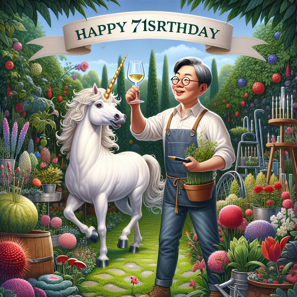 Visualize a scene of joyous celebration for a 71st milestone. A whimsical unicorn, brimming with life, prances around an Asian male gardener, skillfully crafting nature's beauty. Holding a glass of white wine with elegant poise, this gardener toasts to another year. Standing amidst a personal gallery of vibrant greenery, he admires his handiwork with great affection. The backdrop is a fantastic garden, teeming with diverse flora and fauna, serving as a beautiful testament to his dual passions of botany and viticulture on this special occasion.
Generated with these themes: White wine drinker , Gardener, Artist, Unicorn, and 71.
Made with ❤️ by AI.