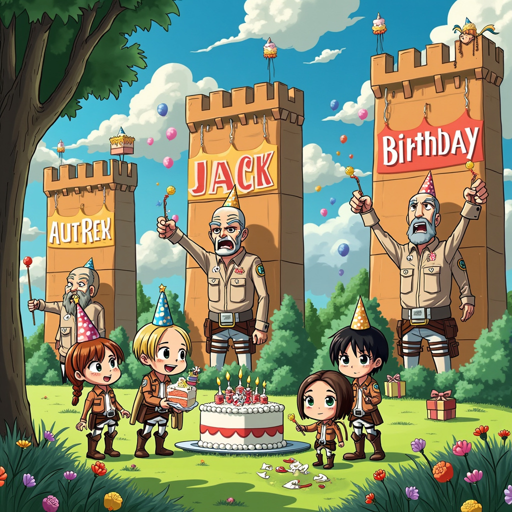 In this vibrant, hilarious birthday scene, we find ourselves in a playful mash-up world of "Attack on Titan" and classic comic styles. Imagine a lush, green meadow, where the towering Walls Maria, Rose, and Sina have been transformed into whimsical, cartoonish birthday party decorations. The colossal walls are draped with colorful, oversized banners that read "HAPPY BIRTHDAY JACK!" in huge, festive letters. Balloons in the shapes of Titans float around the walls, each one with exaggerated, goofy expressions that mirror the style of Gary Larson's "The Far Side."

In the foreground, Eren Yeager, Mikasa Ackerman, and Armin Arlert are wearing party hats and holding slices of a giant birthday cake that looks like it could feed an entire regiment. Eren's slice is humorously large, nearly as big as his head, while Mikasa's has a tiny, elegant flower on it, a nod to Charles Schulz’s attention to small, charming details. 

Behind them, the towering, friendly Titan versions of Reiner and Bertholdt are awkwardly trying to join the party, each wearing comically small party hats perched on their enormous heads. Reiner is holding a massive gift wrapped in colorful paper, while Bertholdt attempts to balance a tray of cupcakes, clearly inspired by Bill Watterson's ability to inject humor into everyday situations.

To the left, a cartoony Hange Zoë is seen with a birthday checklist, ensuring everything is perfect, reminiscent of the meticulous details found in Hergé's "Tintin" series. Levi Ackerman, instead of his usual stern self, is begrudgingly participating, captured mid-eye roll while using a broom to whack a Titan-themed piñata hanging from a tree. The tree is whimsically twisted, with fairy lights and ornaments, much like something you’d see in a Winsor McCay dreamscape.

Above it all, fluffy clouds spell out "JACK" in bold, balloon-like letters, giving a nod to the skywriting style of classic cartoons. The entire scene is infused with vibrant colors, detailed textures, and a blend of humor and homage to beloved comic artists, making it a perfect, quirky birthday greeting for any "Attack on Titan" fan.
Generated with these themes: Attack On Titan.
Made with ❤️ by AI.