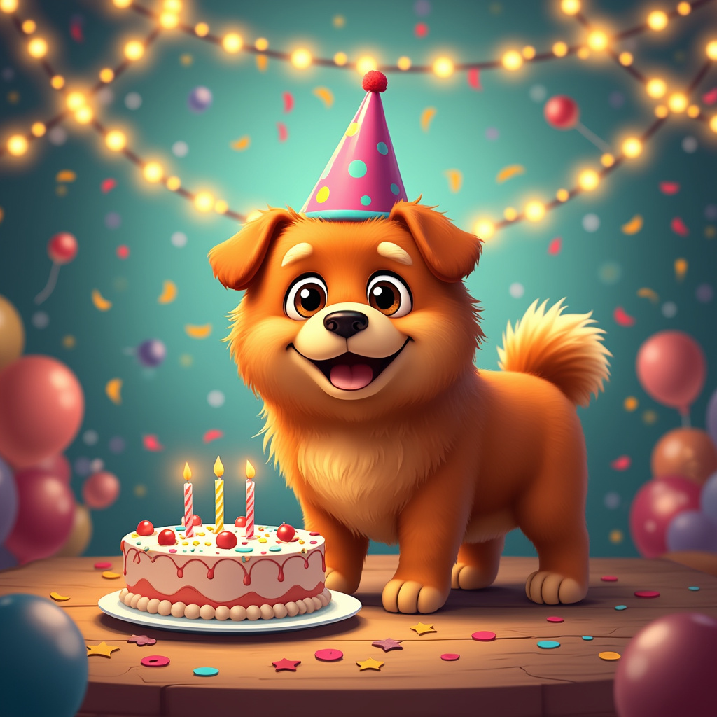 Amidst a whimsical backdrop of twinkling fairy lights and cheerful confetti, an Adult Chow Chow Dog with a reddish-brown coat and warm brown eyes stands happily. The Chow Chow, with a normal build, sports a bright party hat that matches the vibrant decor around. Nearby, a table is set with a birthday cake featuring playful designs, making this cartoon birthday scene irresistibly charming.
.
Made with ❤️ by AI.