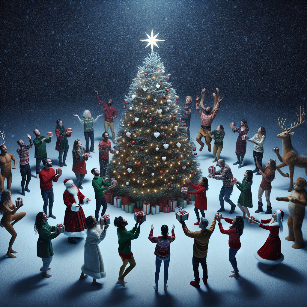 Under a cascade of soft snowflakes, a spirited group gathers, engaging in a playful dance routine that cleverly integrates familiar Christmas moves, like reindeer prancing and elves tinkering. Centered in their midst stands a grand Christmas tree, its branches hosting an array of heart-shaped ornaments that flicker in the night. Around the tree, dancers exchange carefully wrapped gifts, the joy in their eyes as dazzling as the star perched atop the tree. This mirthful scene encapsulates the spirit of a realistic yet funny Christmas celebration.
Generated with these themes: Dance, Heart, Christmass tree, and Gift.
Made with ❤️ by AI.