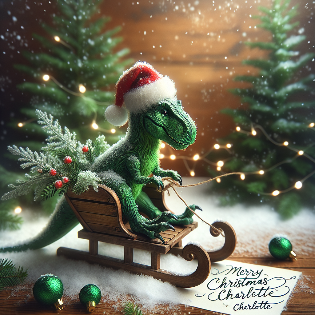 A whimsical Christmas illustration features a green T-rex with a jolly red Christmas hat snugly positioned on its head. The T-rex is perched on a classic wooden sleigh, which is adorned with festive garlands and twinkling lights. Snowflakes gently fall around the scene, setting a serene holiday mood. Beside the dinosaur, a calligraphic text reads 'Merry Christmas Charlotte', integrating seamlessly with the winter wonderland backdrop.
Generated with these themes: T-rex with a Christmas hat on, riding a sleigh.
Made with ❤️ by AI.