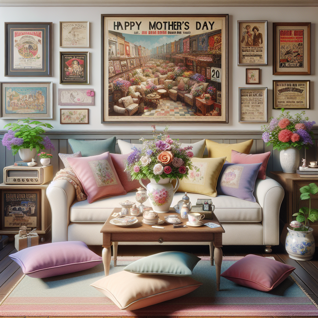 An inviting living room characterized by its pastel-colored throw pillows scattered on a cream sofa. This scene is brought together by the presence of a wooden coffee table in the middle, decorated with a beautiful arrangement of colorful flowers and a fragile porcelain tea set. The wall in the background is occupied by a collection of framed posters, each being a tribute to different musical events of past decades, symbolizing cultural diversity and historical significance. A hand-penned 'Happy Mother's Day' card is resting against a potted indoor plant. A compact television in the room is broadcasting a popular performance from a classic music event, perfectly fusing the coziness of the domestic space with the thrilling spirit of musical celebrations.
Generated with these themes: Eurovision.
Made with ❤️ by AI.