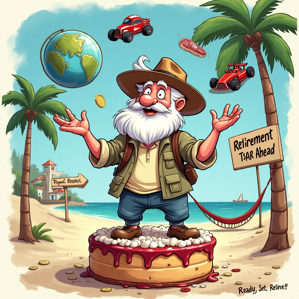 At the top of the Cartoon Style image, include the text: "Happy Birthday Russell!! The almost retired birthday."

**Image Prompt:** 

Create a playful cartoon scene of an older man, Russell, with a gleaming white beard and slightly exaggerated features, dressed in a casual travel outfit. He's humorously juggling an eclectic mix of items: a spinning globe, a sizzling steak, an indy car toy, a handful of coins, and a small toy Tesla car, all while standing on a giant birthday cake. In the background, a "Retirement Road Ahead" sign is visible, pointing to a sandy beach destination with a hammock swaying between two palm trees. Bright, vibrant colors and thick, bold outlines bring the scene to life, capturing the joyous chaos of a birthday adventure. 

Add a cheeky caption at the bottom: "Ready, Set, Retire!"
Generated with these themes: Travel, food, indy car, coins, tesla, retirement, and .
Made with ❤️ by AI.