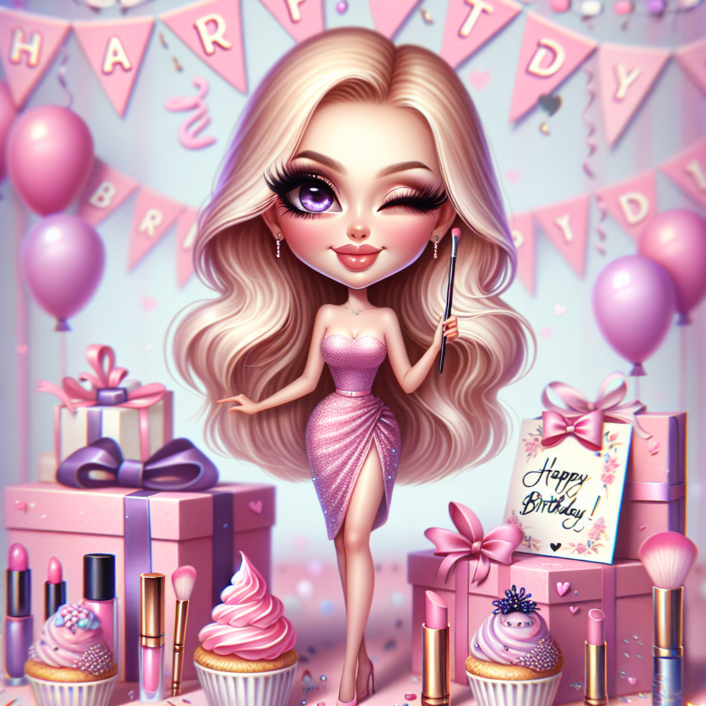 This heartwarming, birthday-inspired illustration is awash with soft pink and lavender hues across party banners and gift boxes. Standing at the forefront is a charming caricature of a tall, blonde woman with Arabic descent radiating signature, impeccably-done makeup. She is surrounded by miniature cupcakes and makeup items, each complete with a tiny bow. Winking playfully at the viewer, the woman holds a delicately illustrated birthday card that reads 'Happy Birthday!' in elegant script.
Generated with these themes: NikkieTutorials .
Made with ❤️ by AI.
